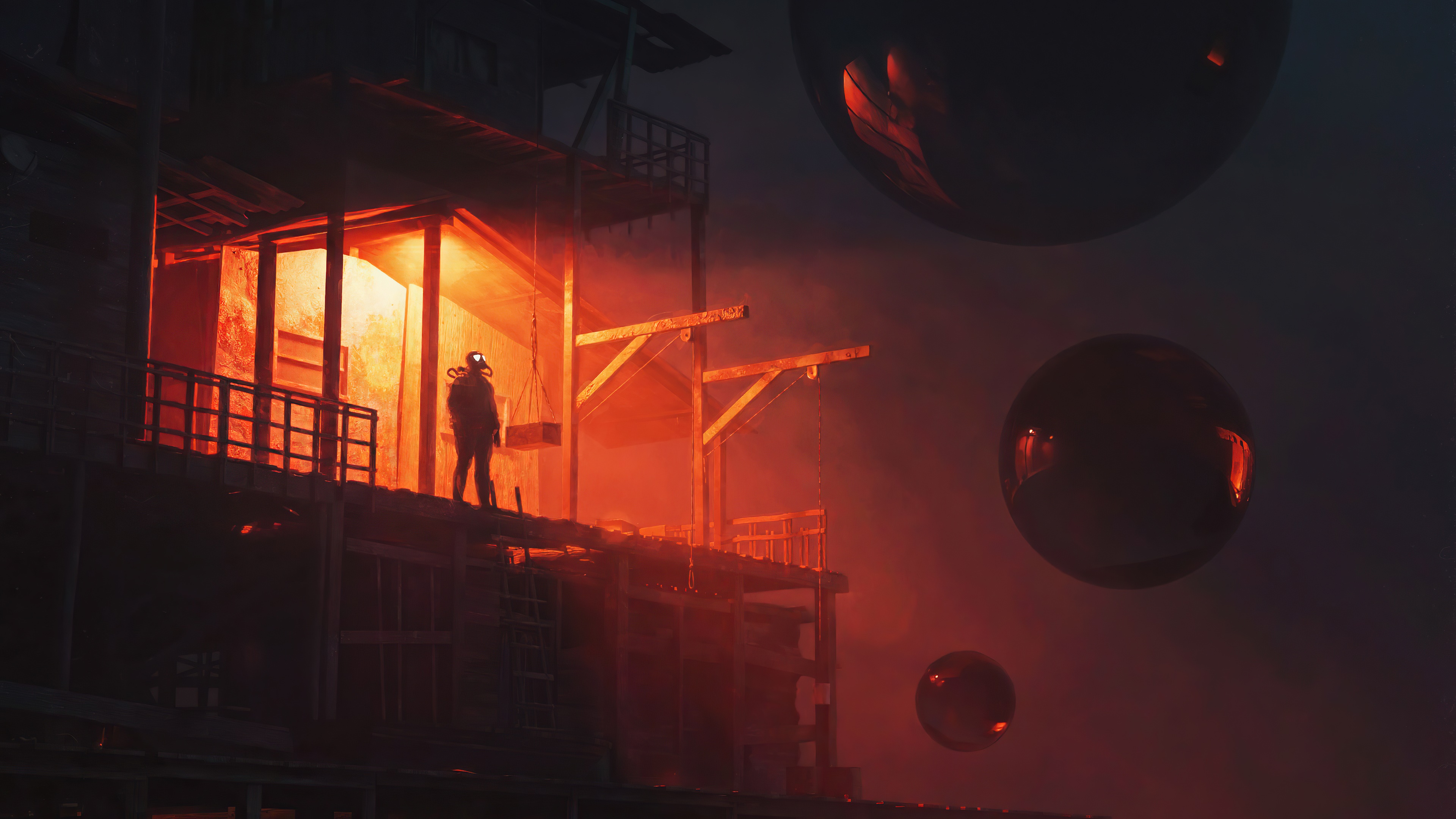 Man in Hazmat Suit on Balcony with Floating Spheres HD Wallpaper