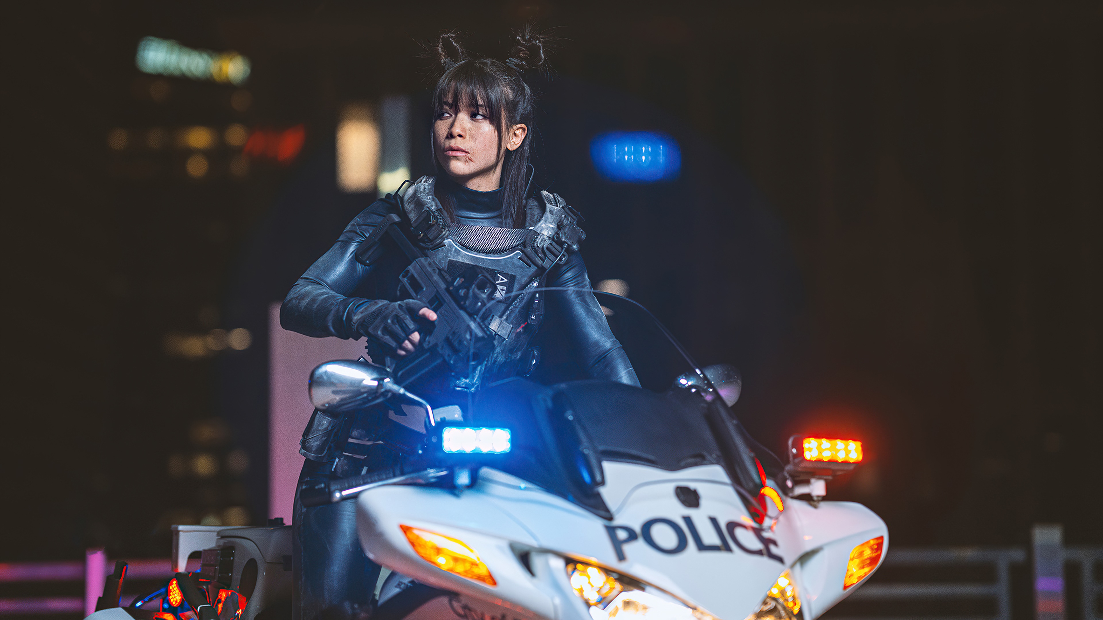 Sci-fi police officer on a motorcycle HD Wallpaper