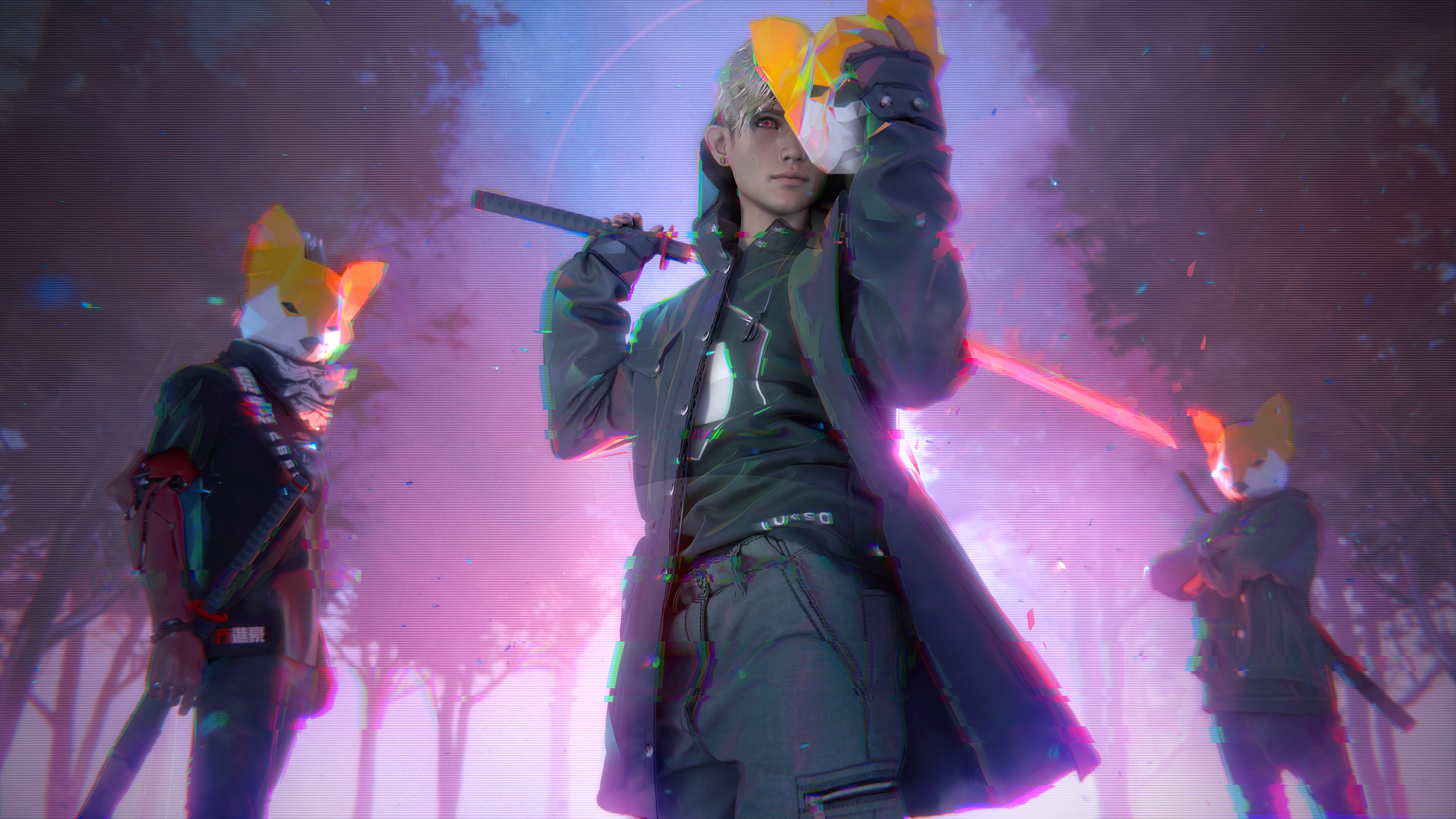 Three figures with fox masks and swords HD Wallpaper