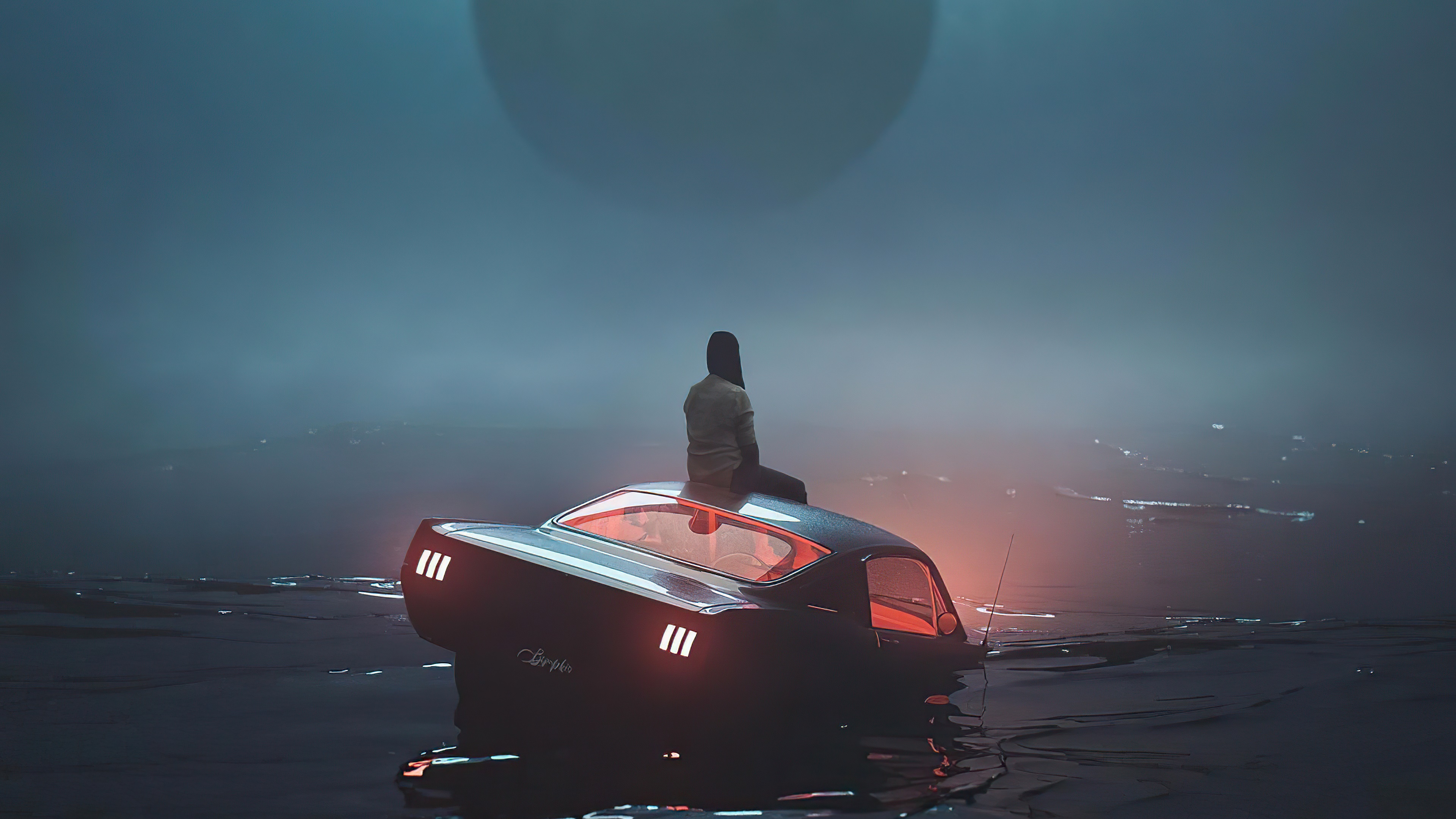 Person sitting on a car in water HD Wallpaper