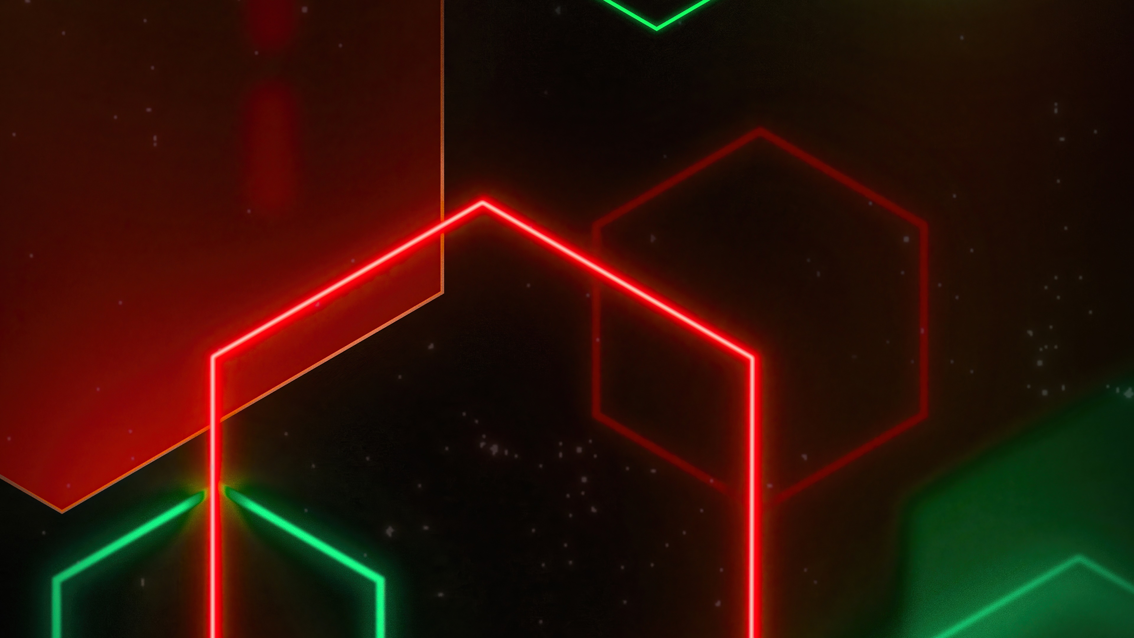 Abstract digital art with red and green neon hexagons HD Wallpaper