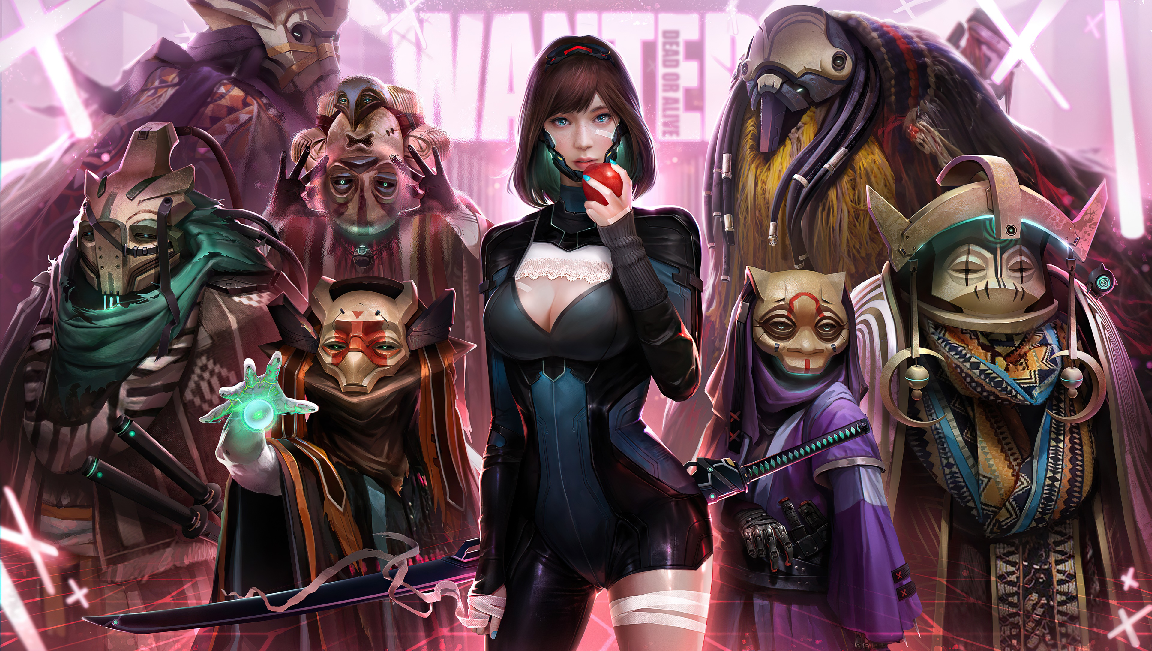 Group of masked figures and a woman holding an apple HD Wallpaper