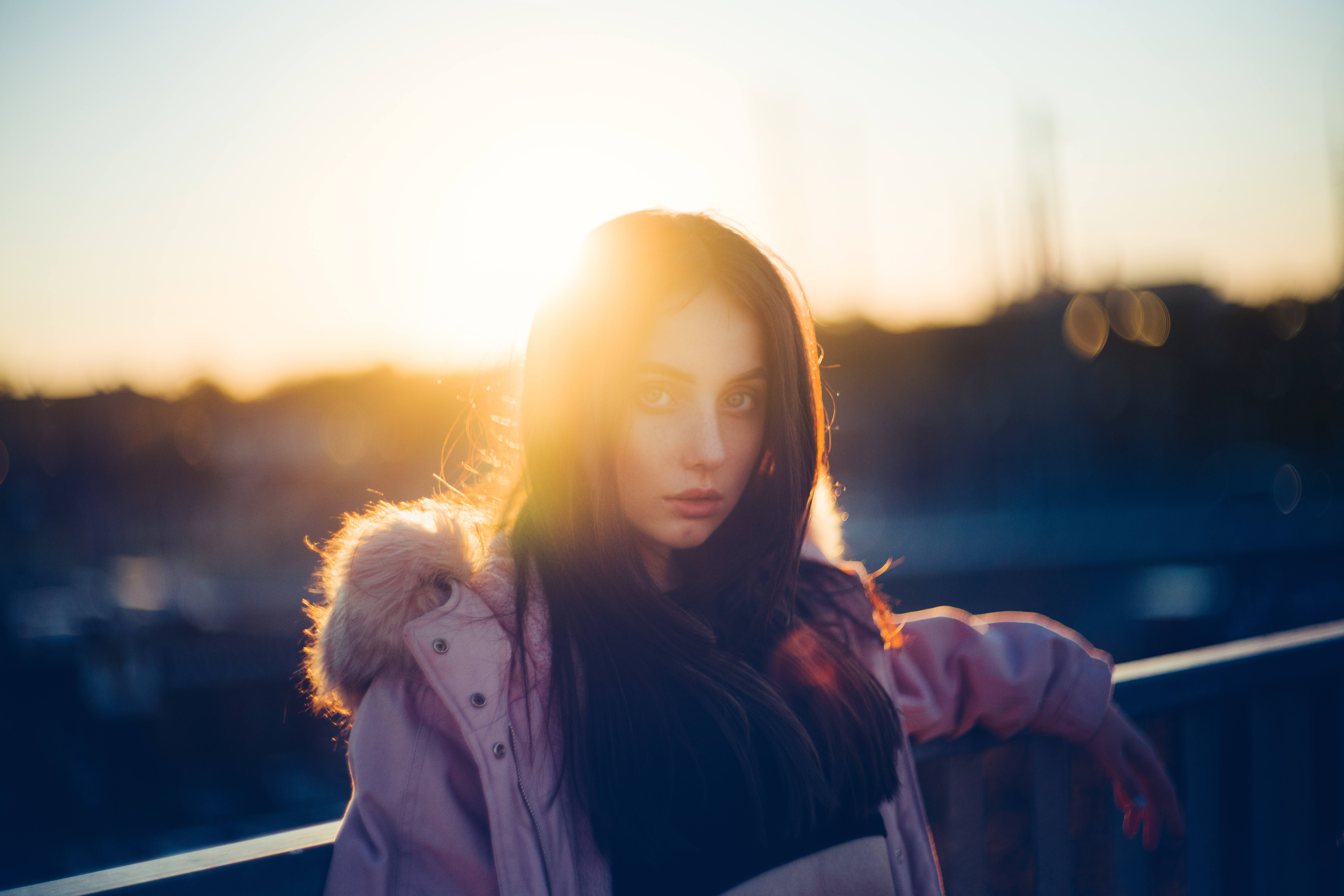 Girl in pink jacket at sunset HD Wallpaper