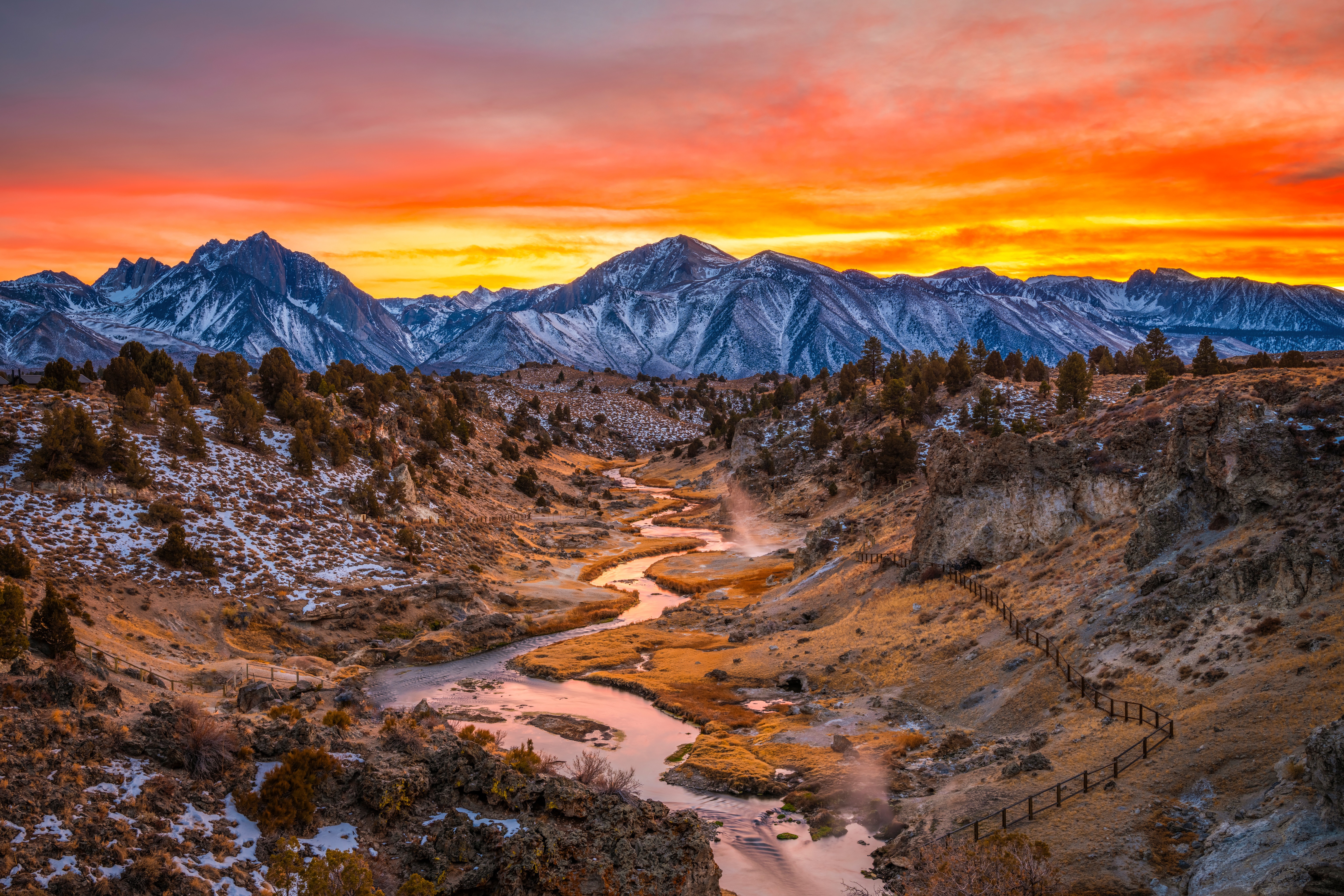 Mammoth Hot Springs Mountains River Sunrise Scenery HD Wallpaper