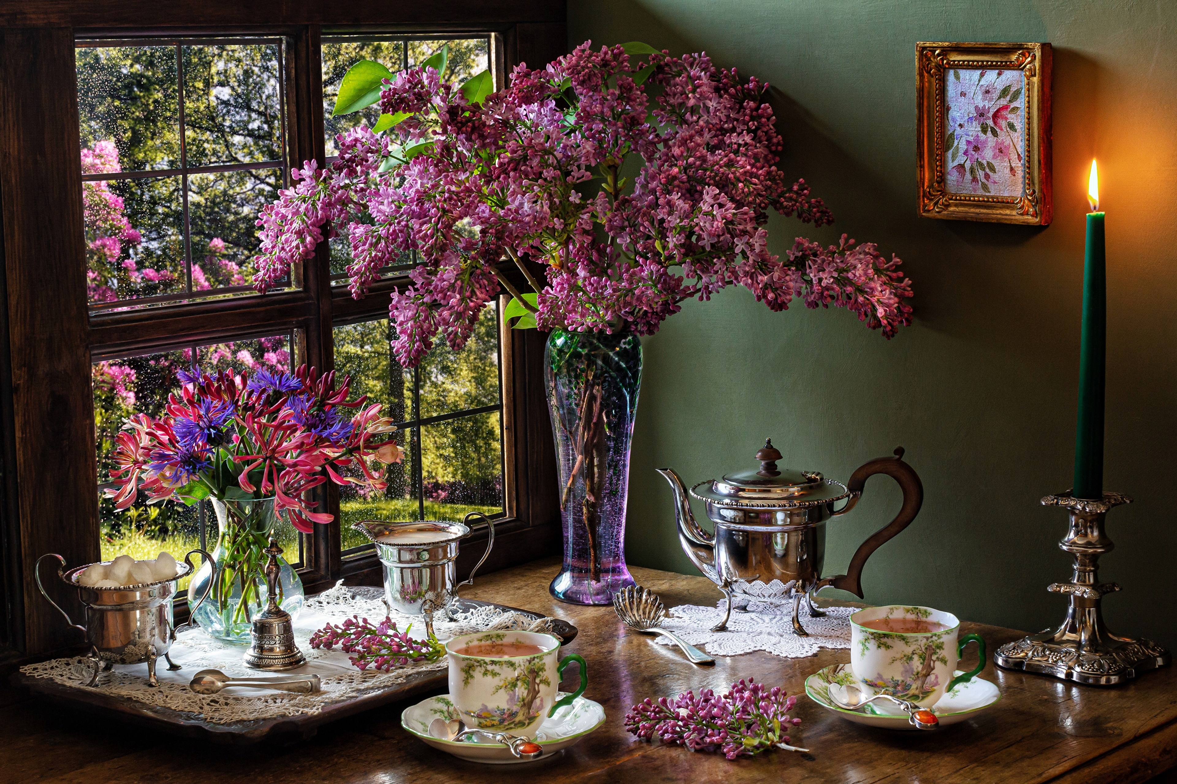 Still-life with Lilac, Tea Set, and Window View HD Wallpaper