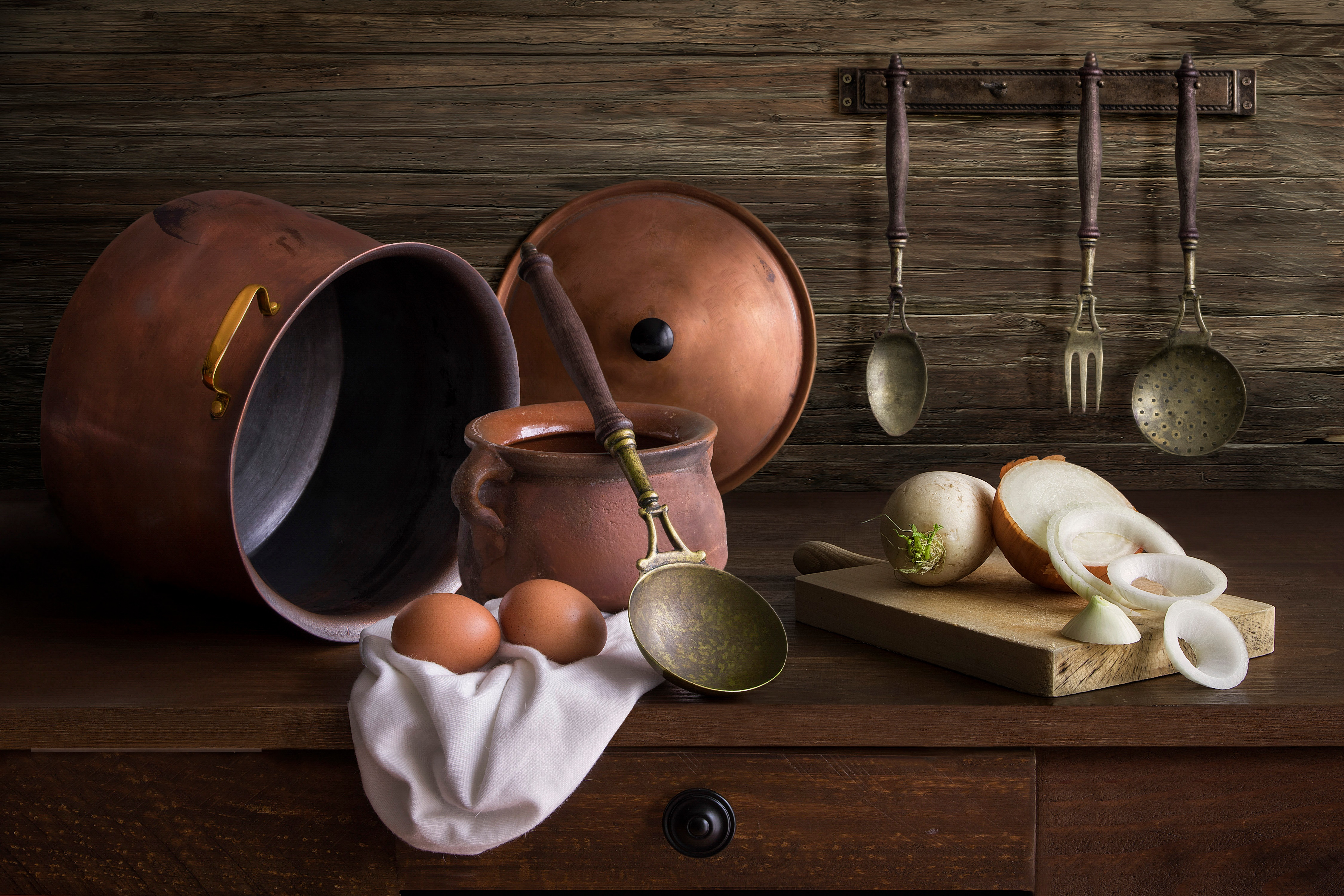 Still-life with copper pots, eggs, and onions HD Wallpaper