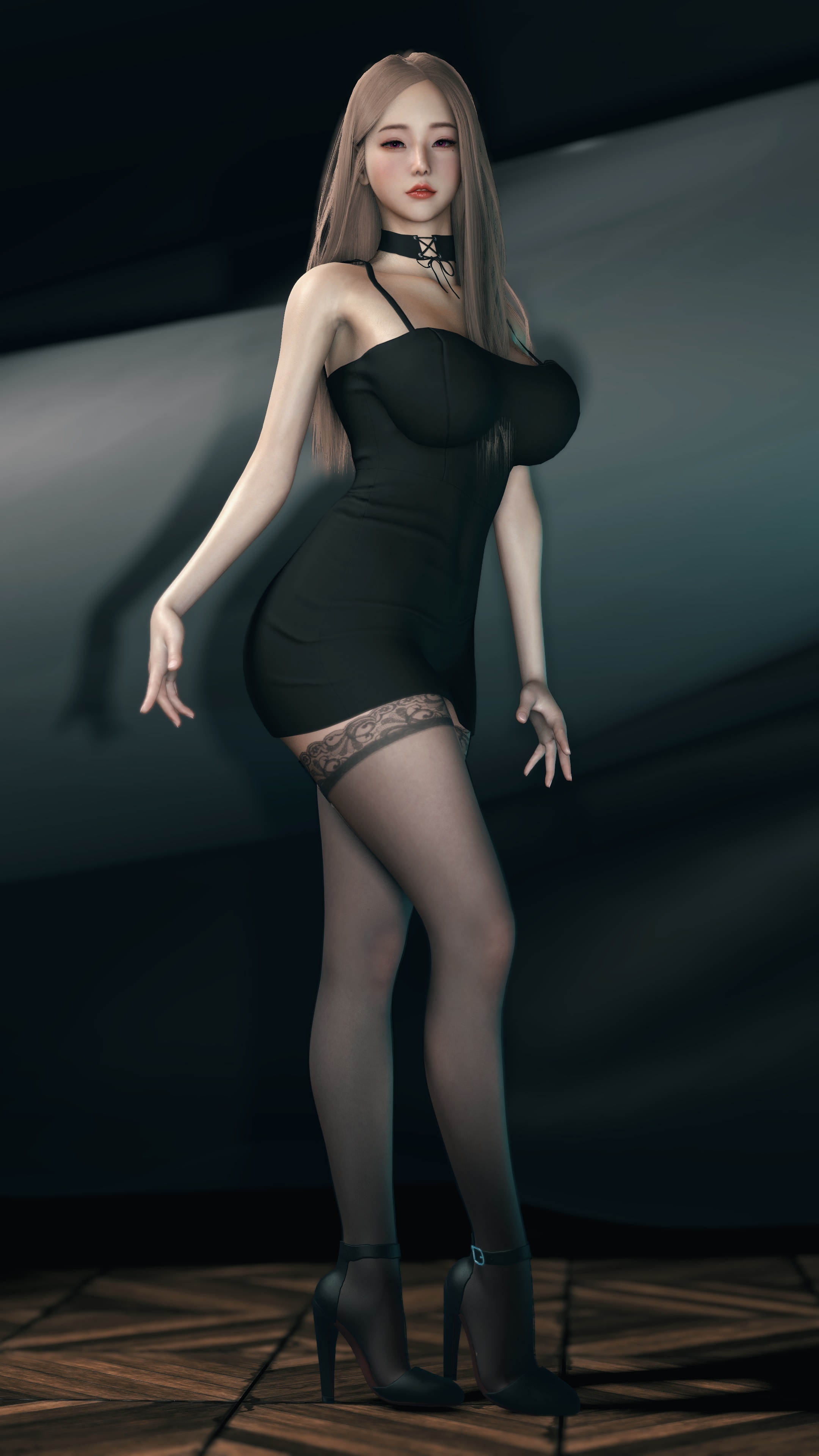 Asian woman in black dress and stockings HD Phone Wallpaper