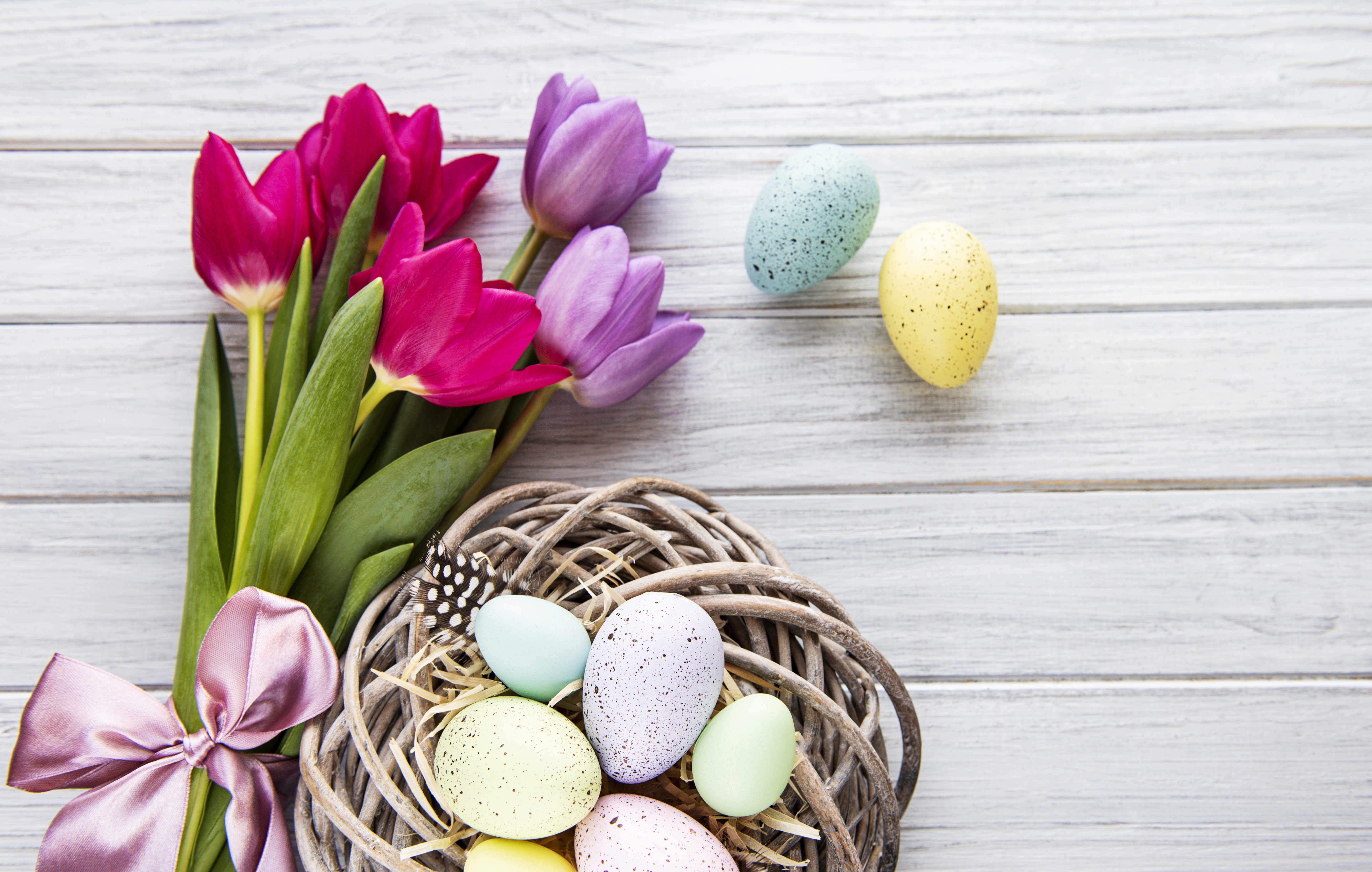 Easter Tulips and Eggs in Wicker Basket HD Wallpaper