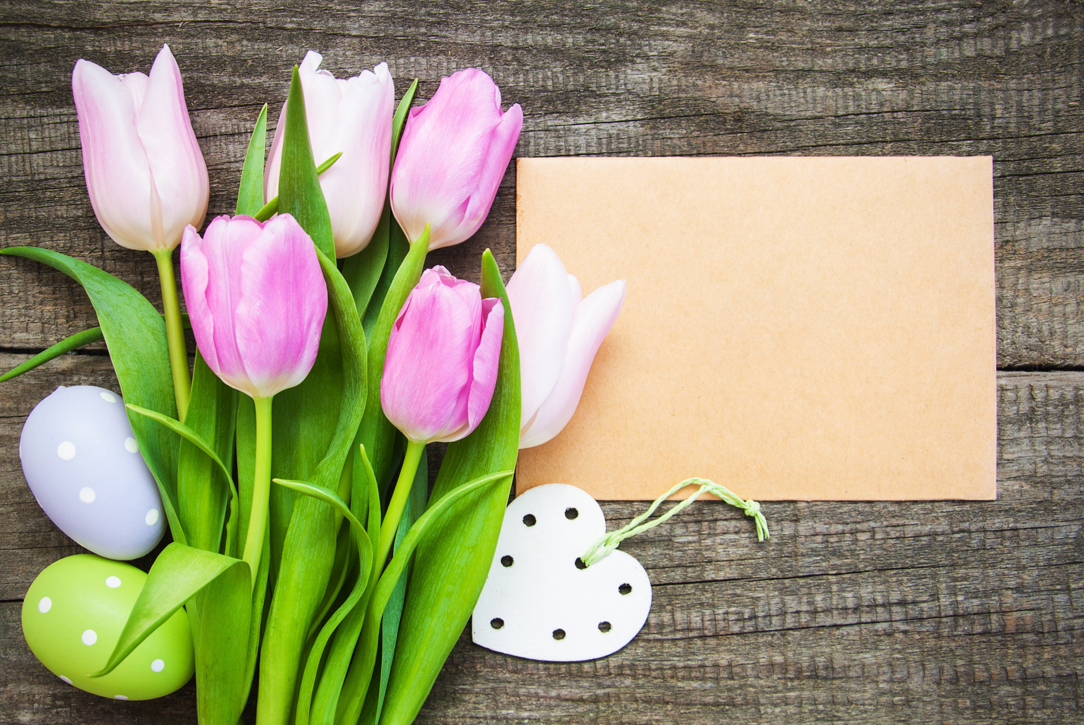 Pink tulips with Easter eggs and a heart on wood HD Wallpaper