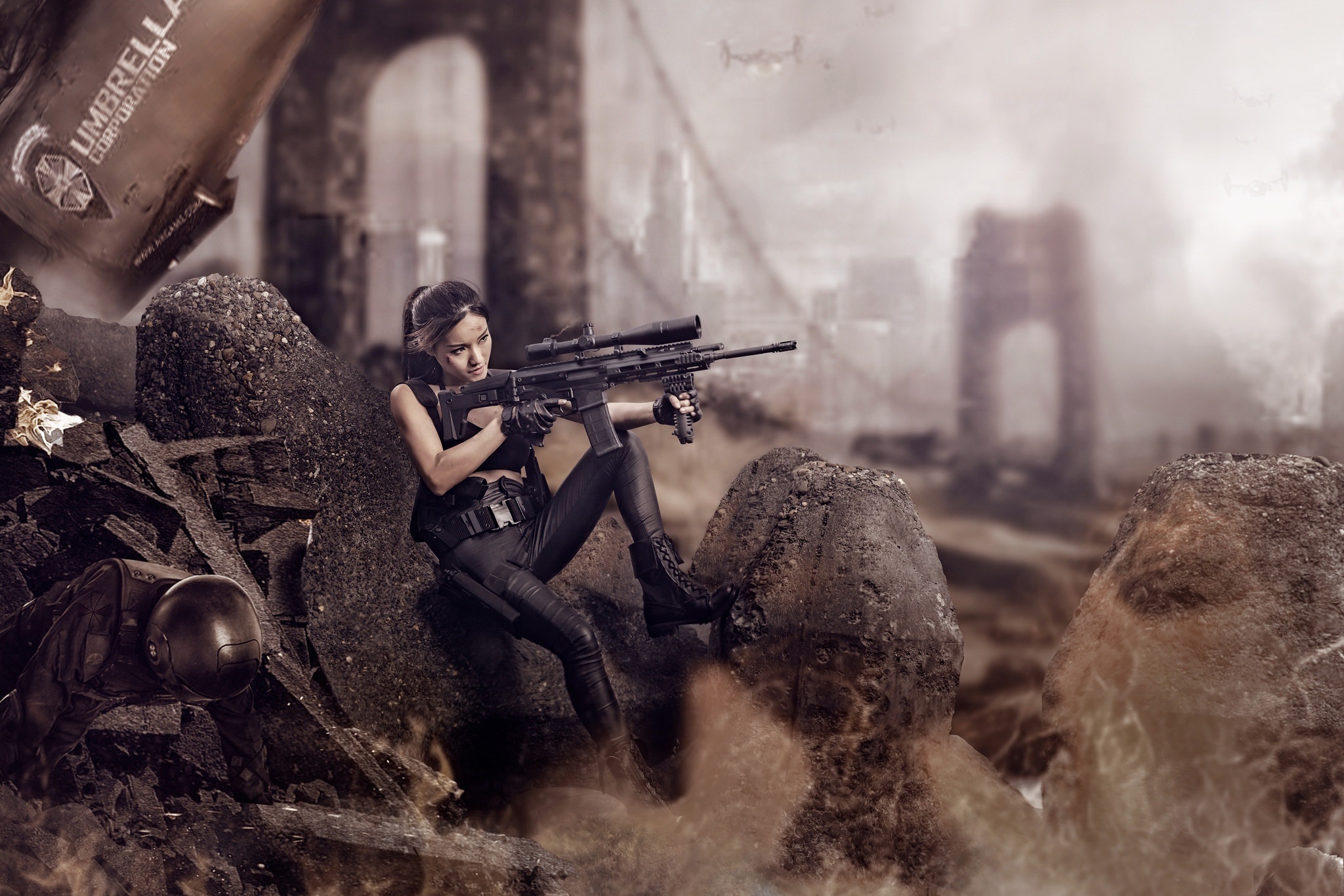 Woman with sniper rifle in post-apocalyptic city HD Wallpaper