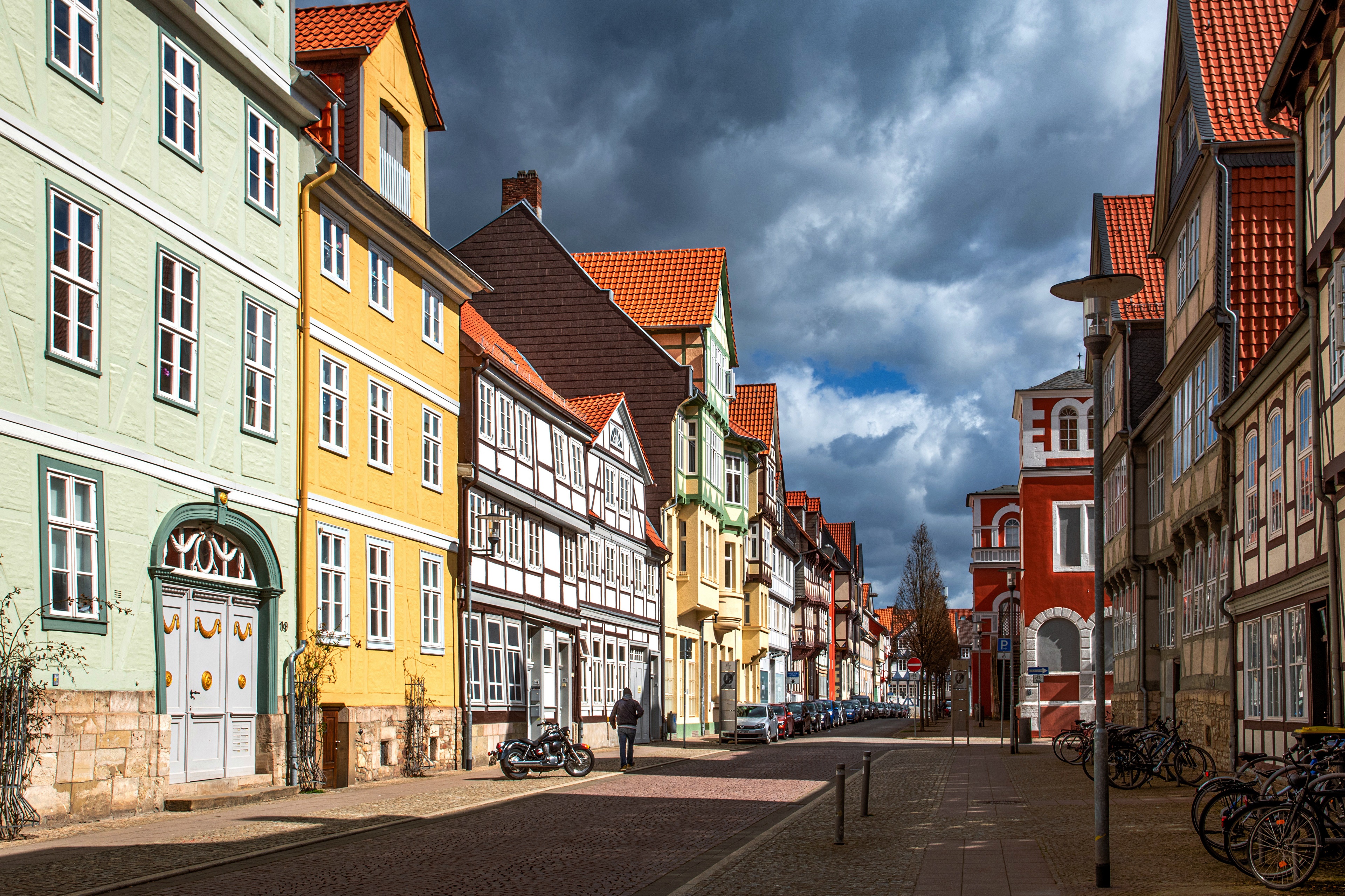 Street with colorful half-timbered houses in Germany HD Wallpaper
