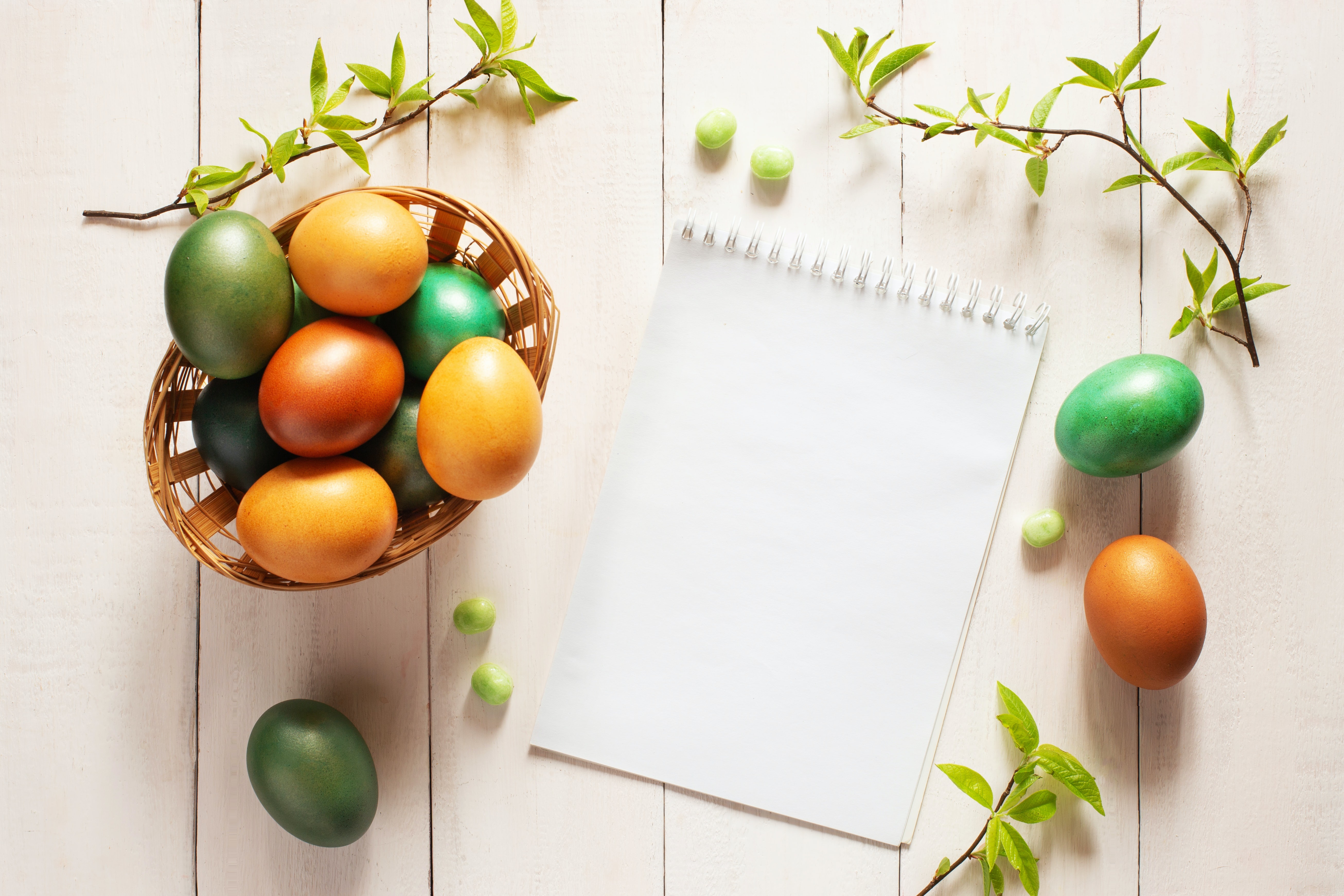 Easter eggs in a basket with branches and a notebook HD Wallpaper