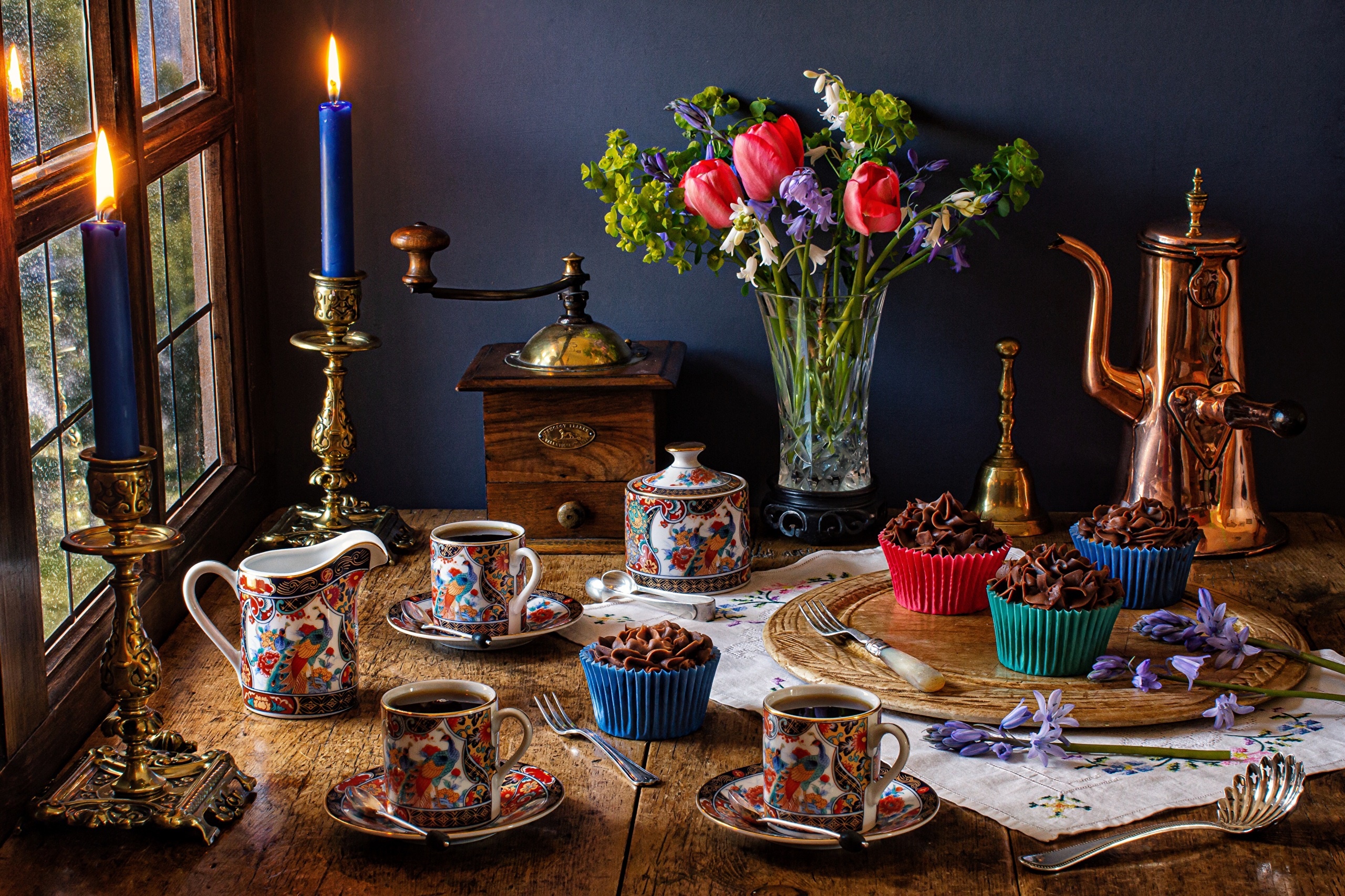 Still life with coffee, cupcakes, and flowers HD Wallpaper