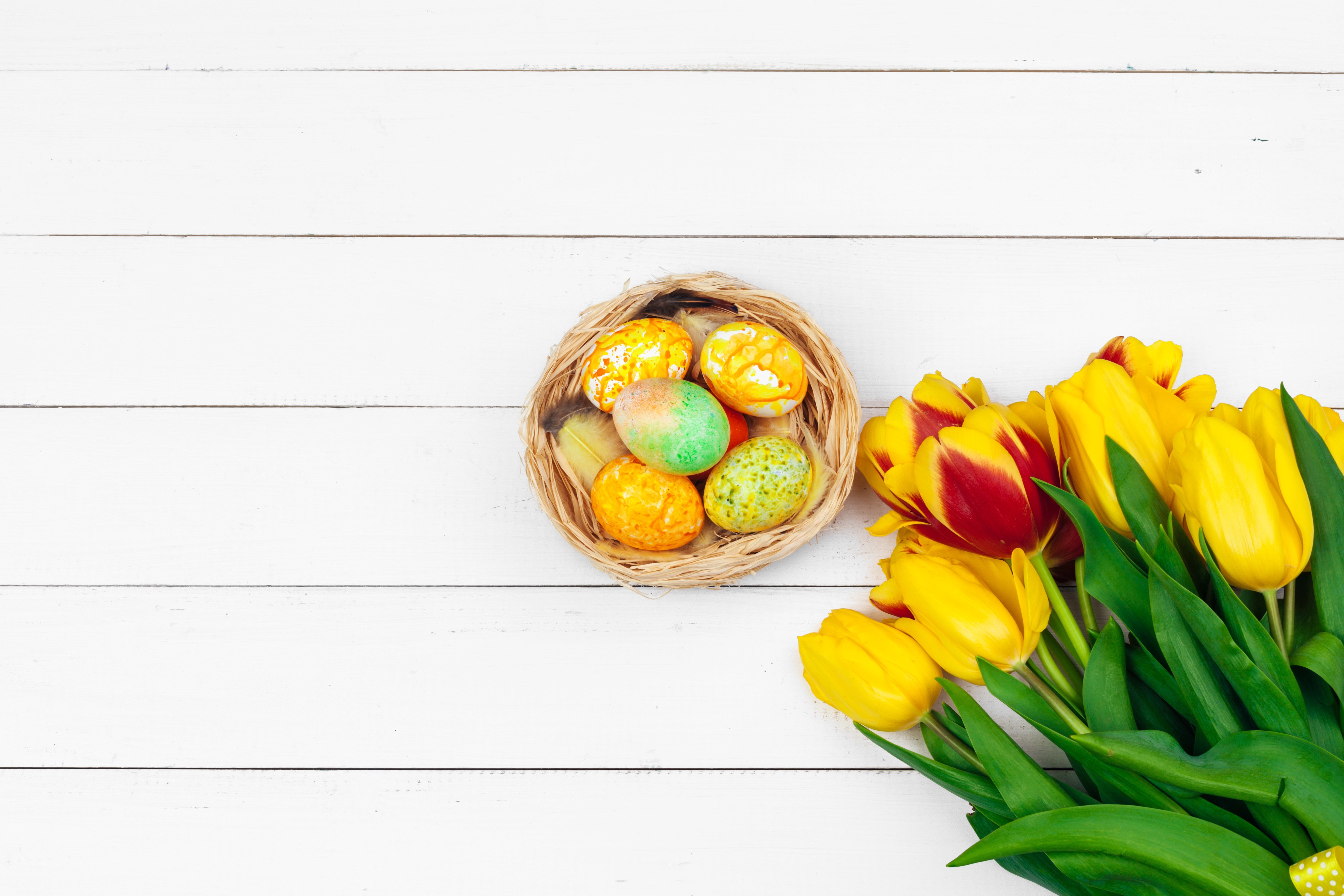 Easter eggs in a nest with yellow tulips on wood planks HD Wallpaper