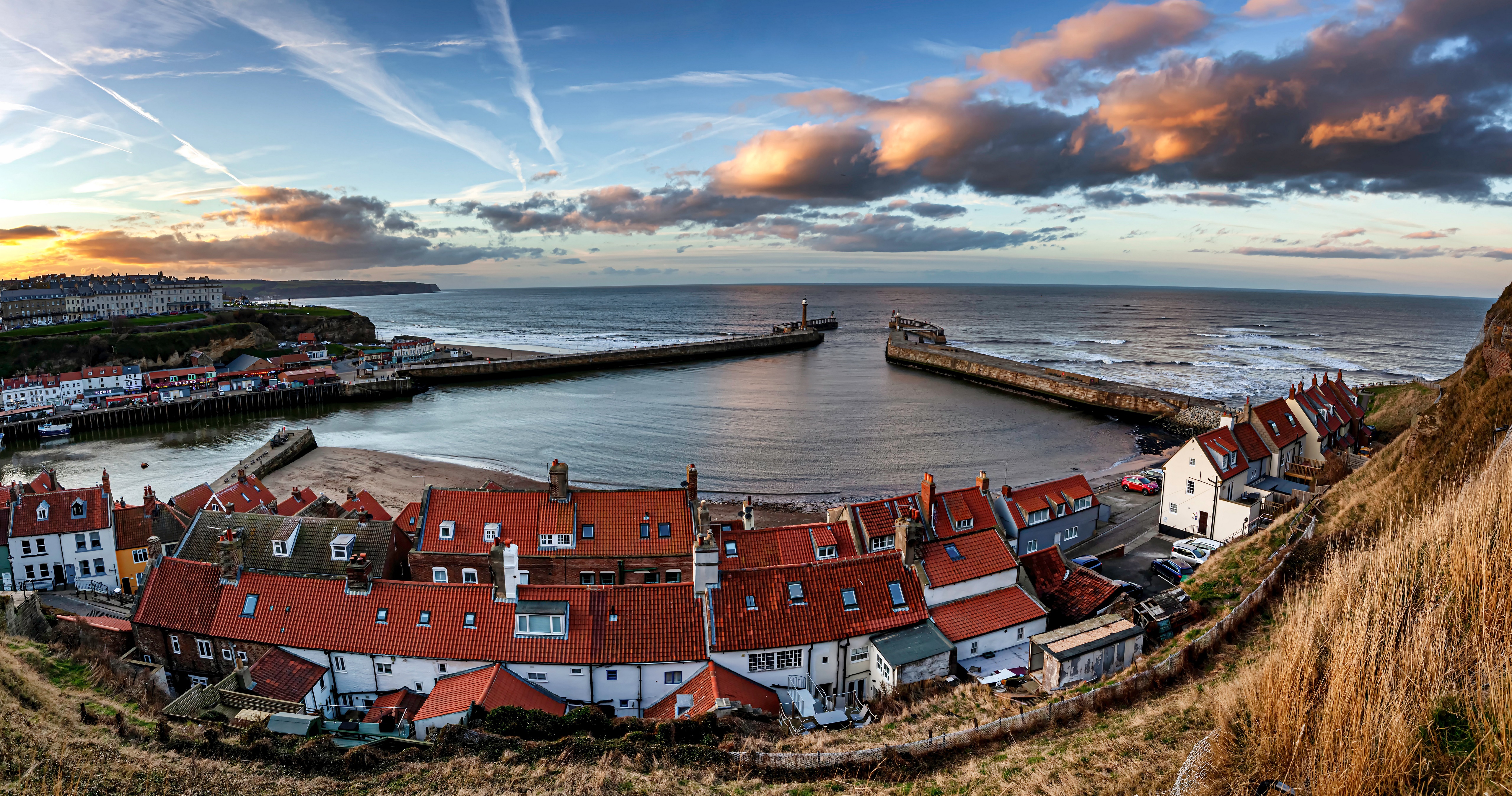 Whitby England Coast Panorama with Houses and Lighthouses HD Wallpaper