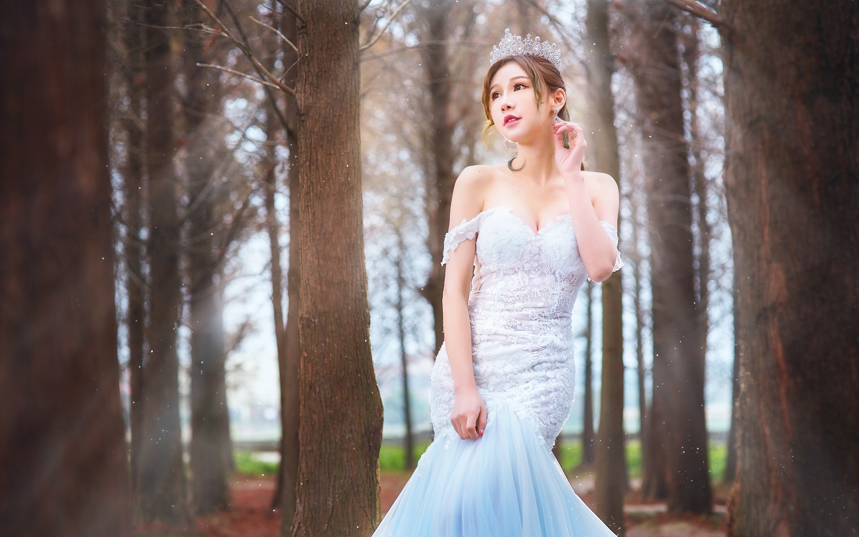 Woman in a white and blue dress with a tiara HD Wallpaper