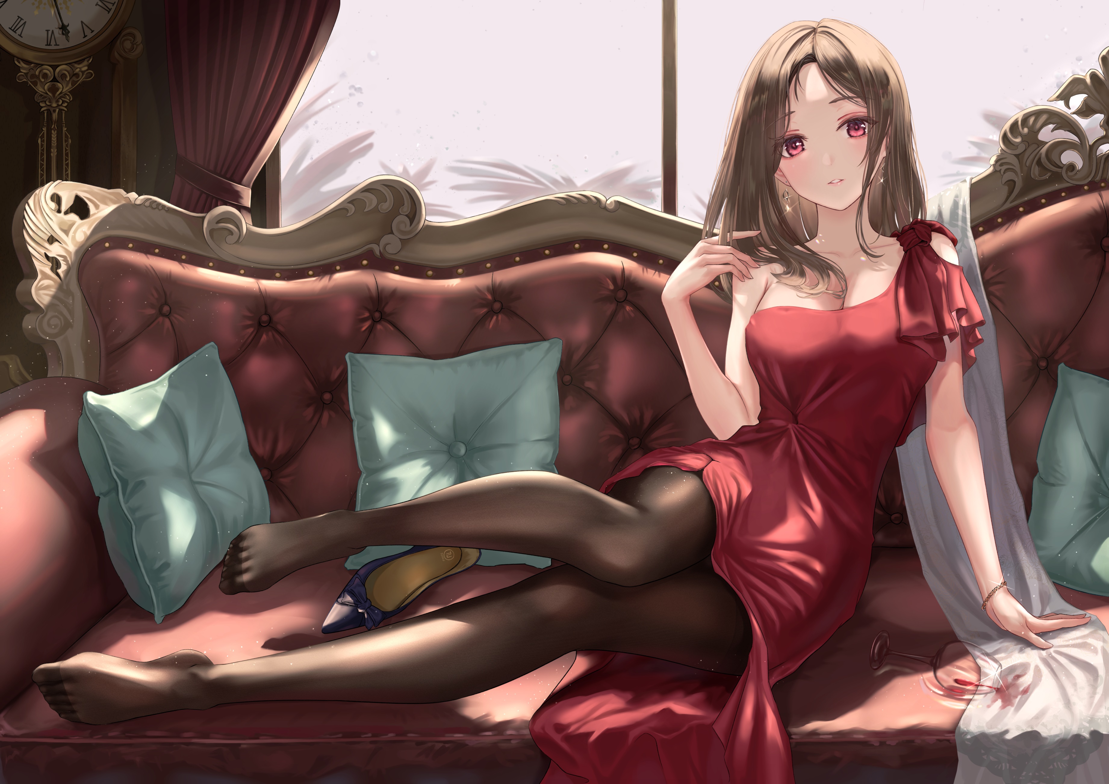 Woman in red dress sitting on a sofa HD Wallpaper