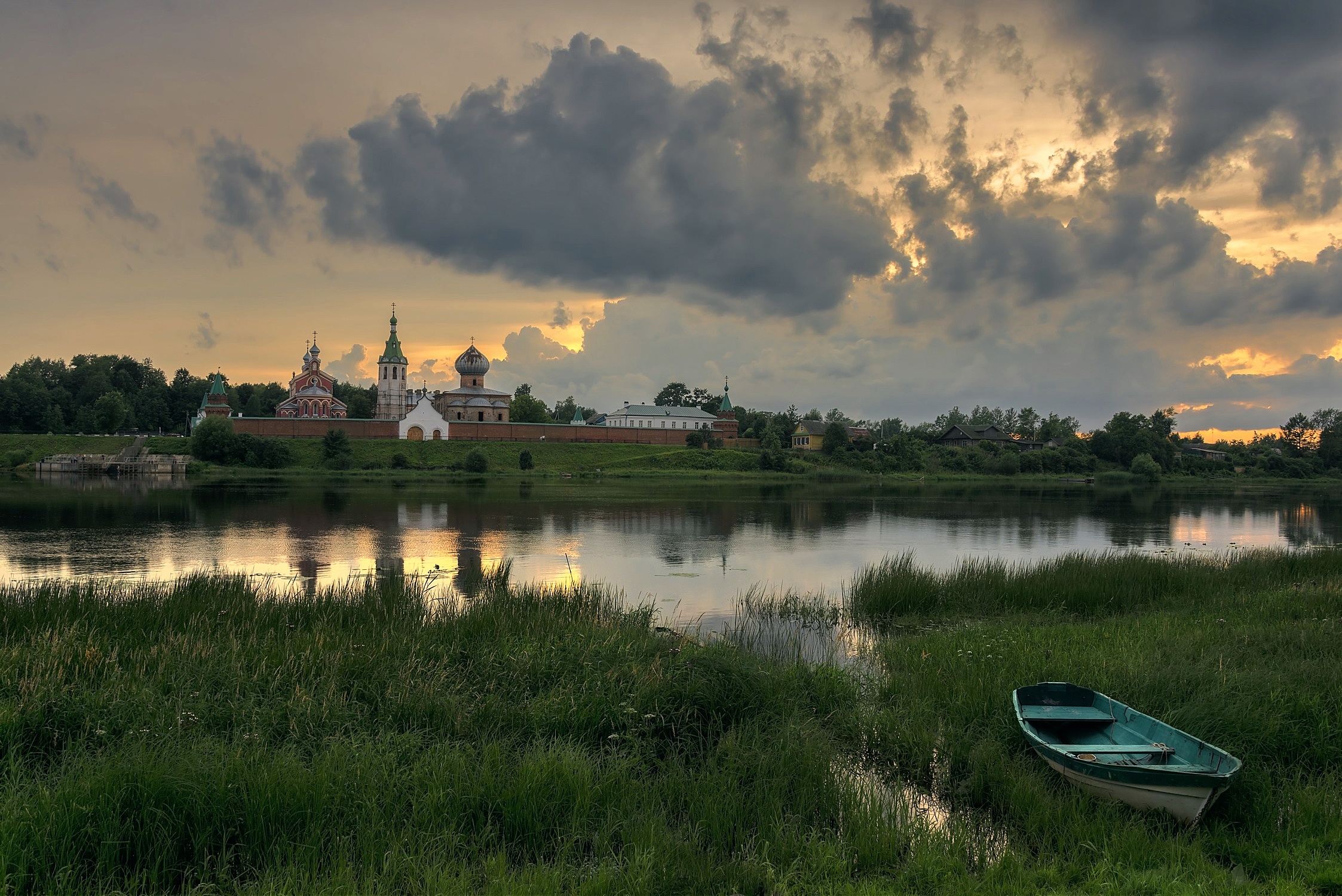 Staraya Ladoga Monastery on Volkhov River at sunset HD Wallpaper