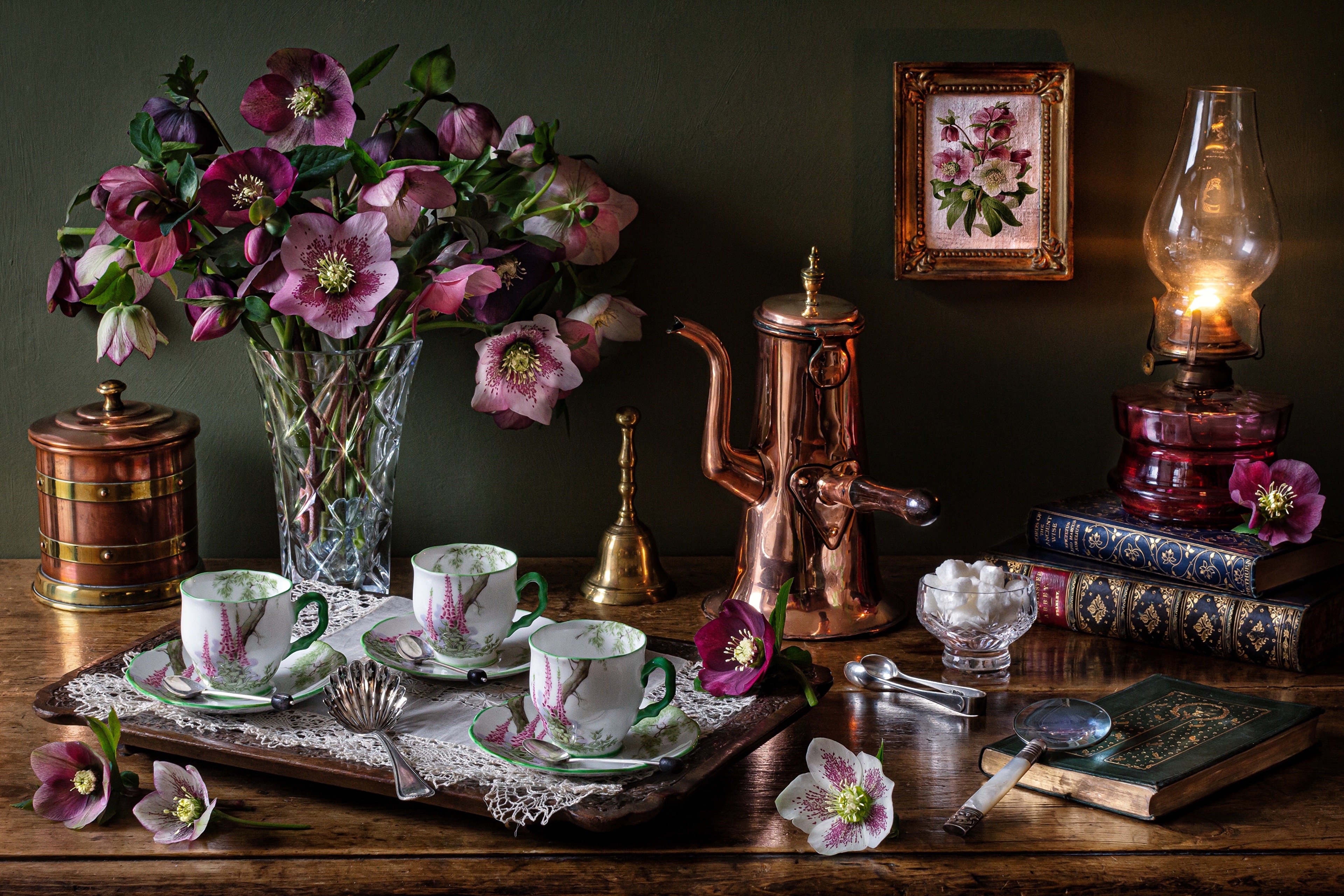 Still-life with Hellebores, Cups, and Kerosene Lamp HD Wallpaper