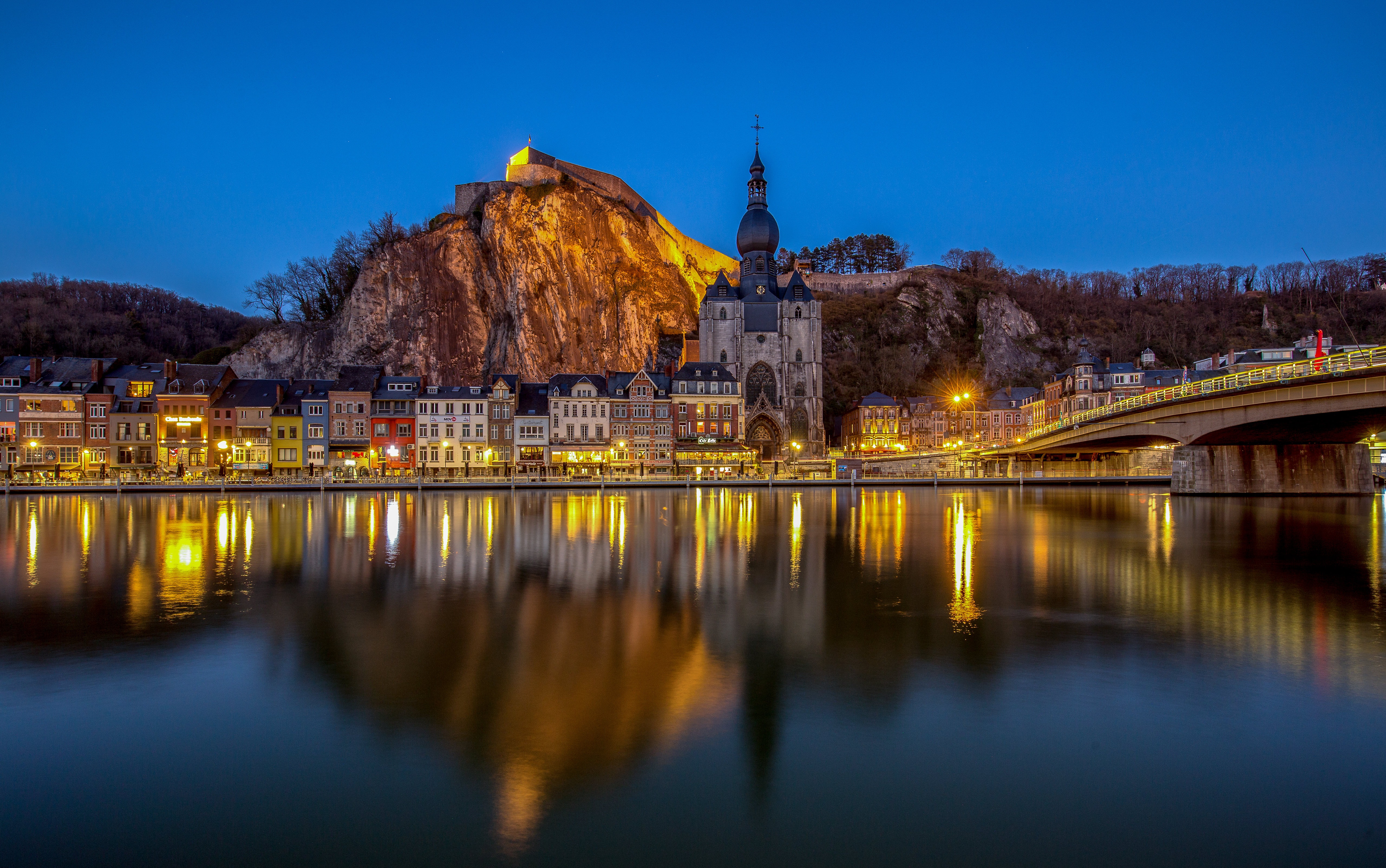 Dinant, Belgium cityscape with river and citadel at dusk HD Wallpaper