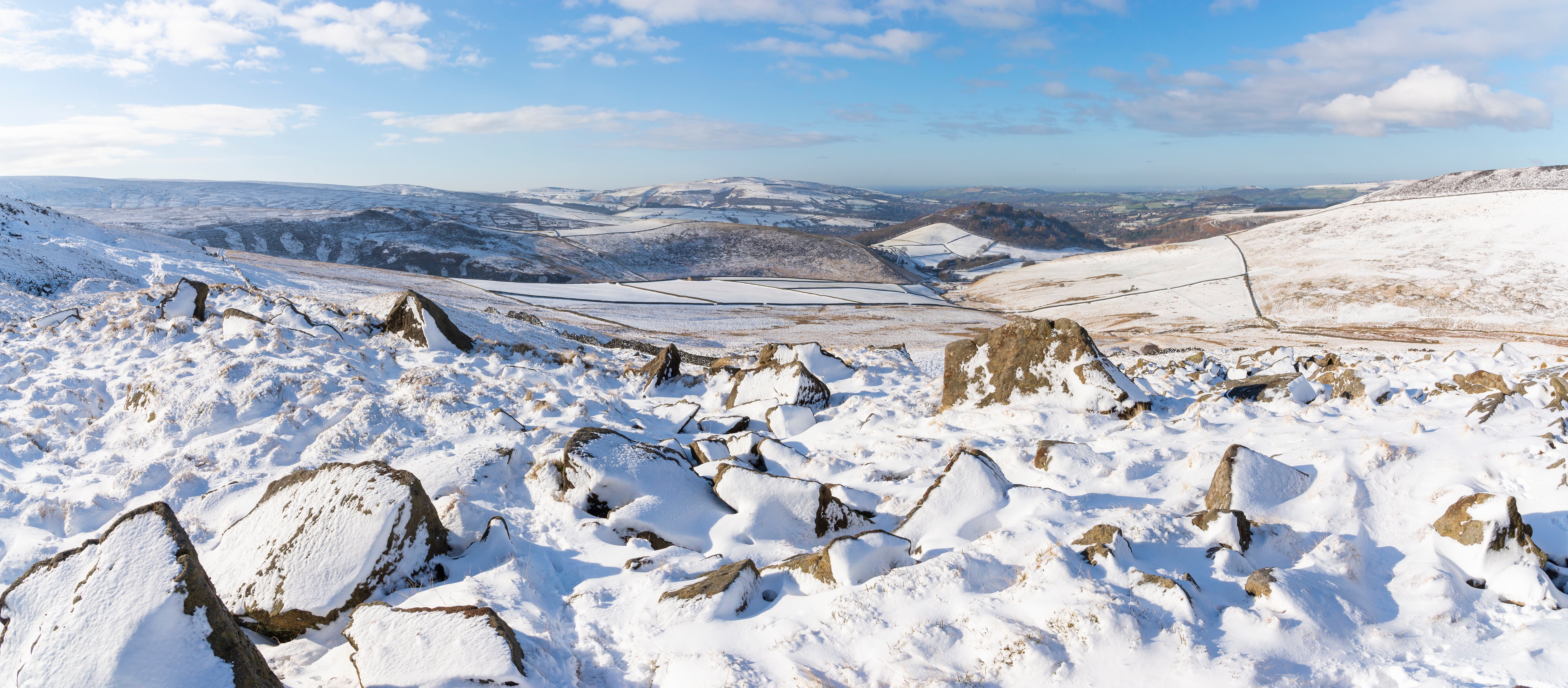 Snowy Panorama of Derbyshire Hills with Stones HD Wallpaper