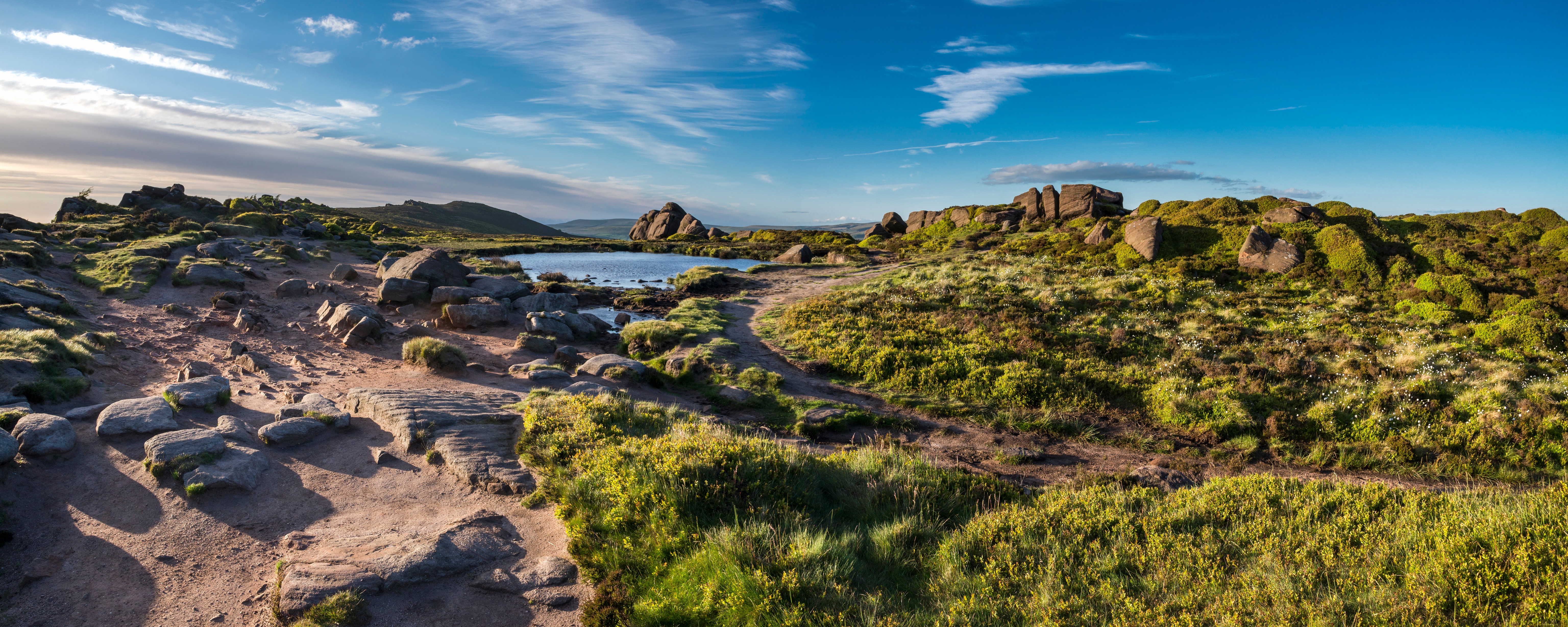 Panorama of rocky hills and a lake in Staffordshire, England HD Wallpaper