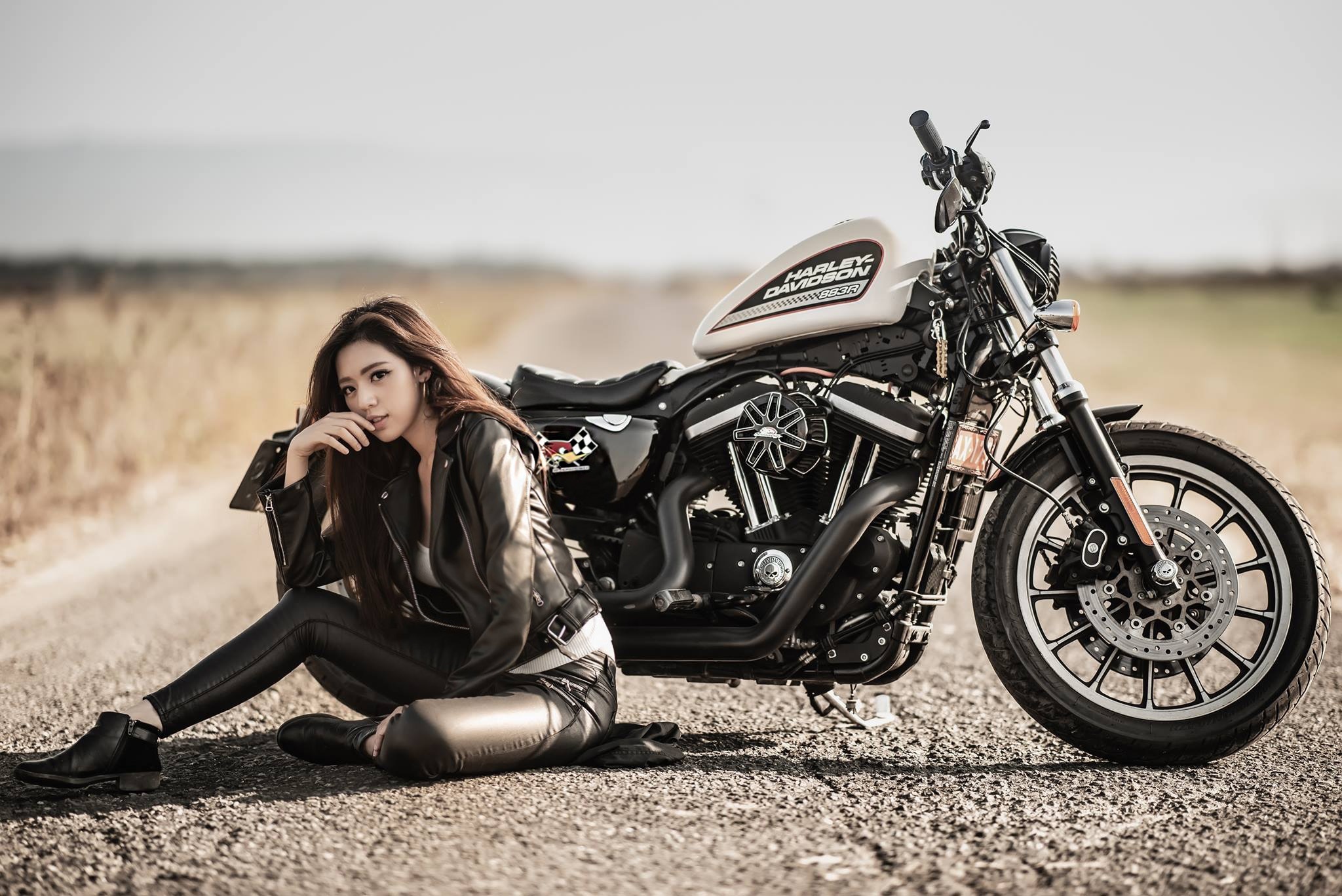 Asian woman in leather jacket with Harley-Davidson motorcycle HD Wallpaper
