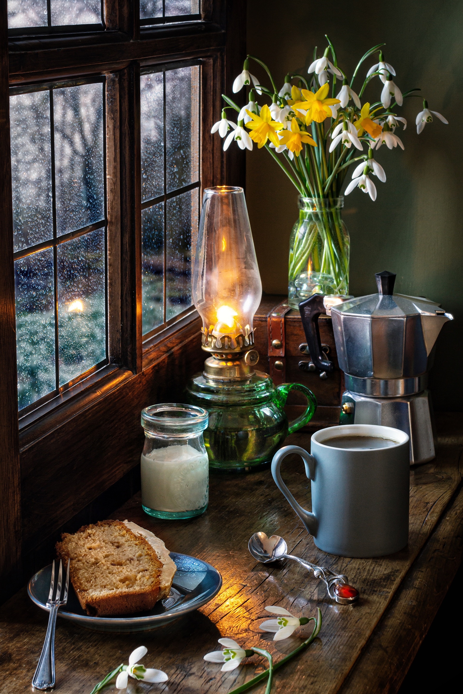 Still-life with daffodils, snowdrops, coffee, and cake HD Phone Wallpaper