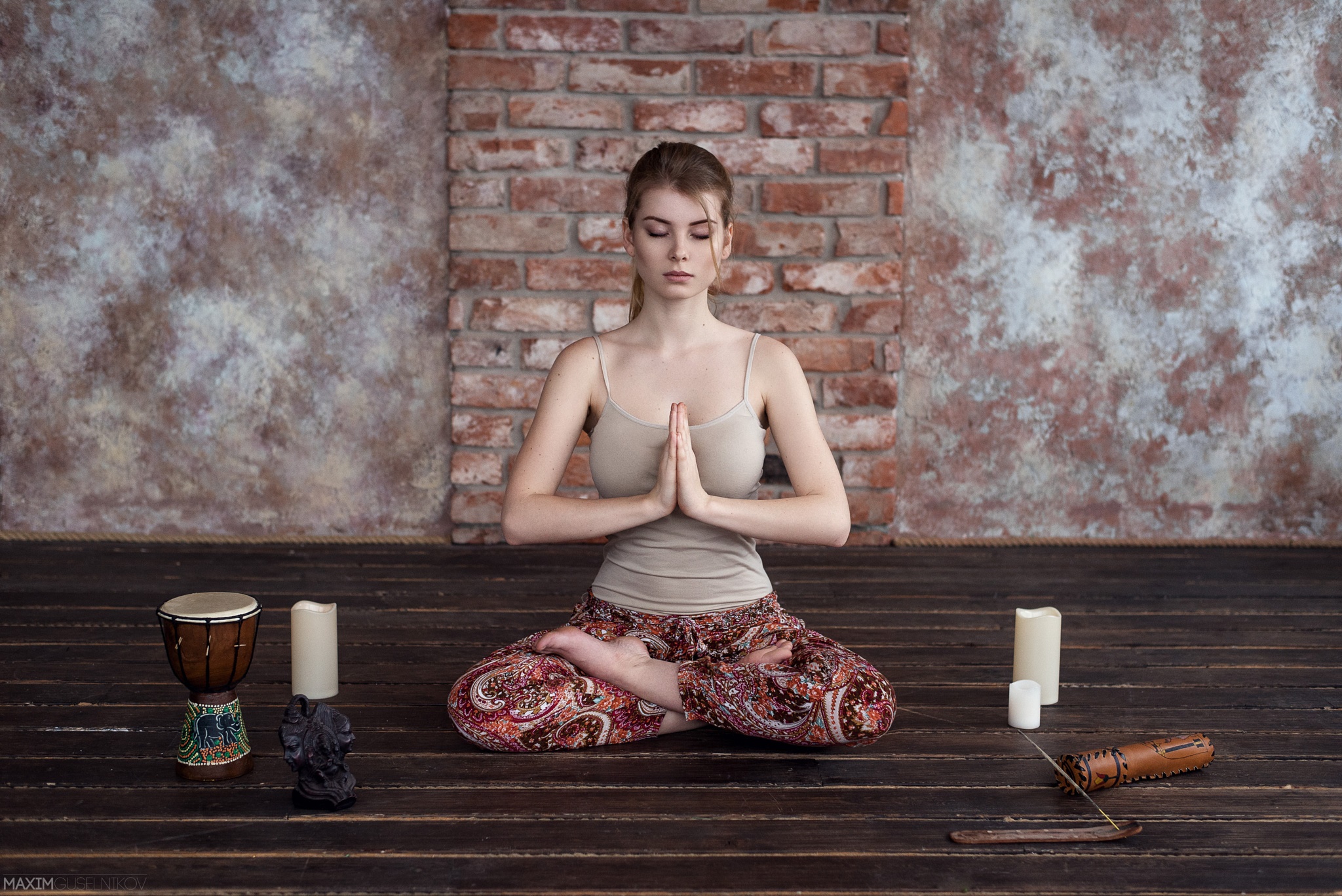 Woman meditating in Lotus position with incense and drum HD Wallpaper