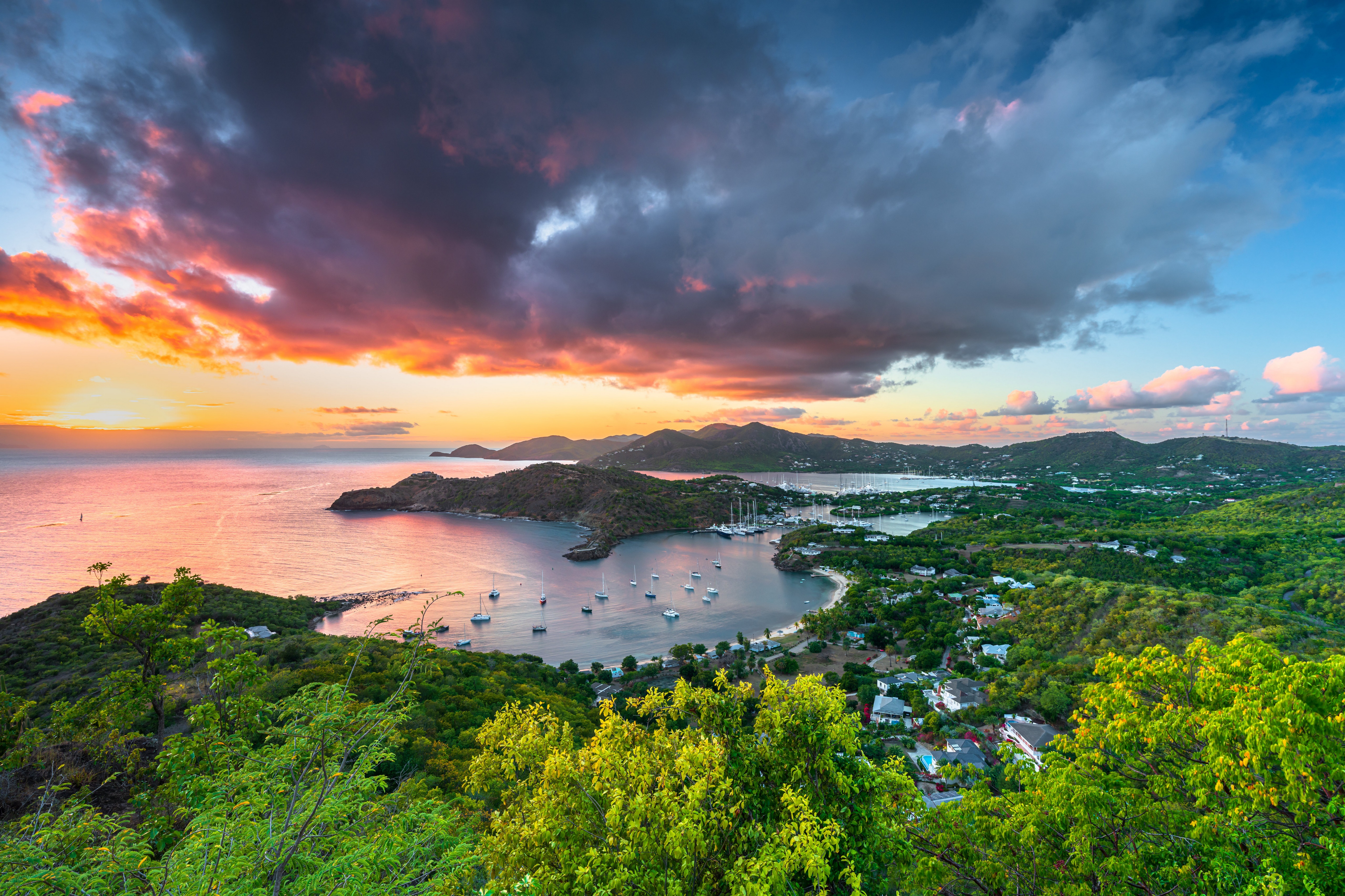 Sunset over Antigua and Barbuda with Marinas and Mountains HD Wallpaper