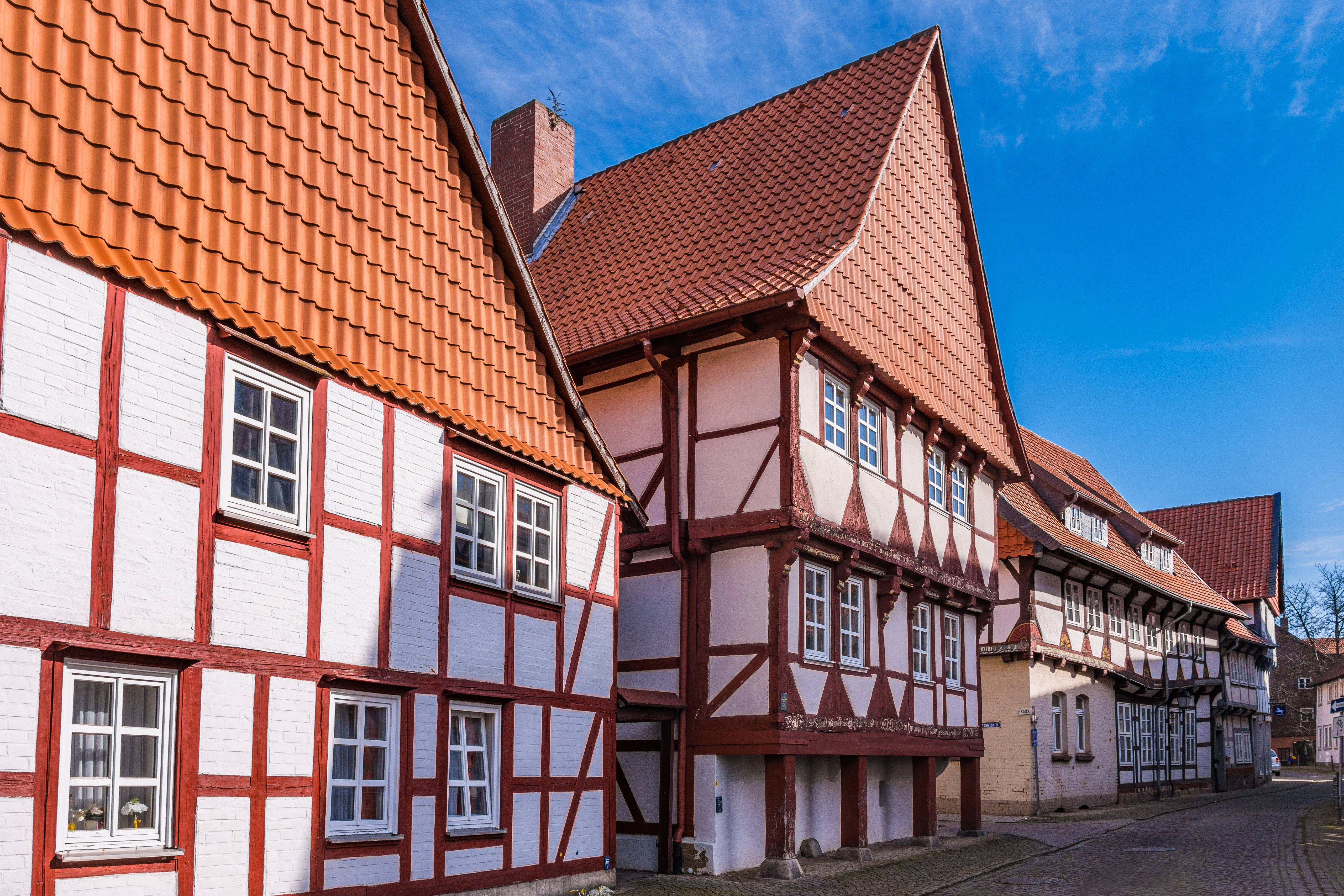 Half-timbered houses on a street in Hornburg, Germany HD Wallpaper
