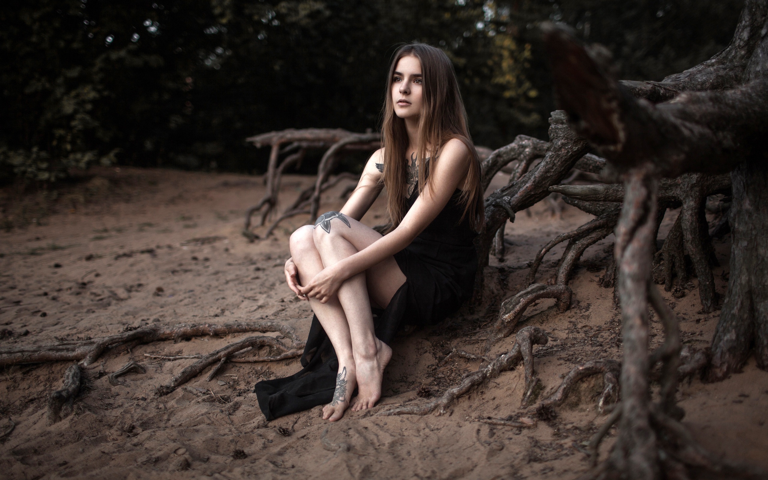 Vasilisa Sarovskaya sitting on tree roots HD Wallpaper
