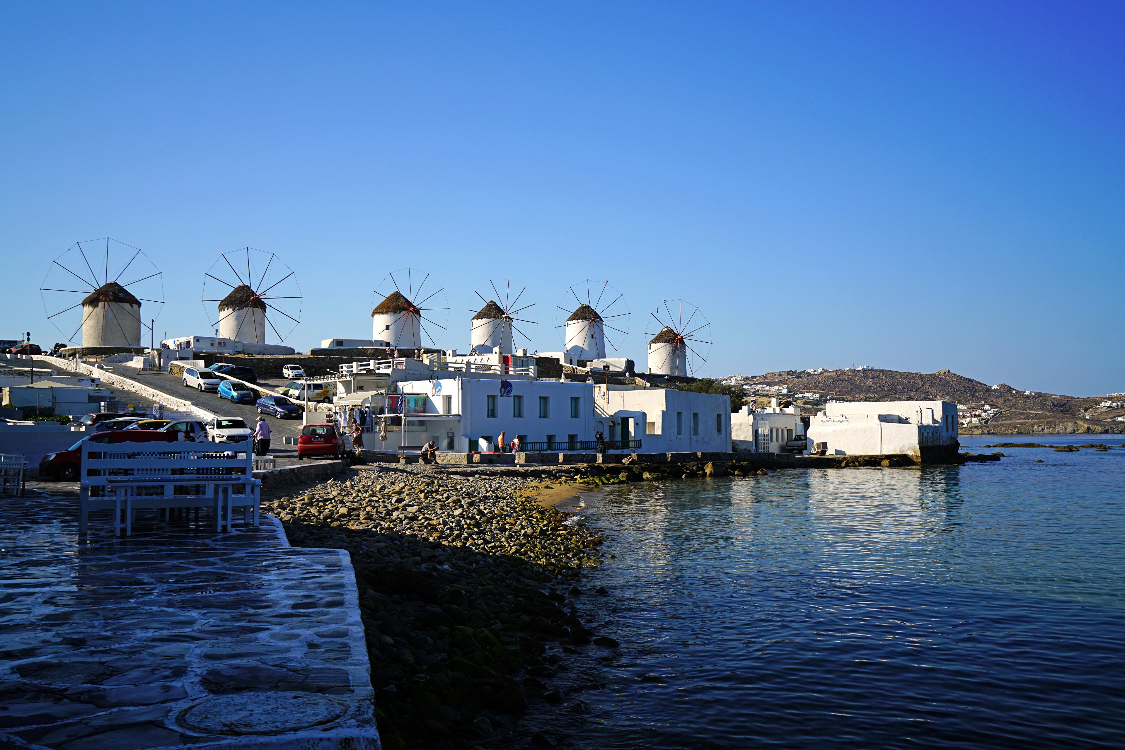 Mykonos windmills and waterfront in Greece HD Wallpaper