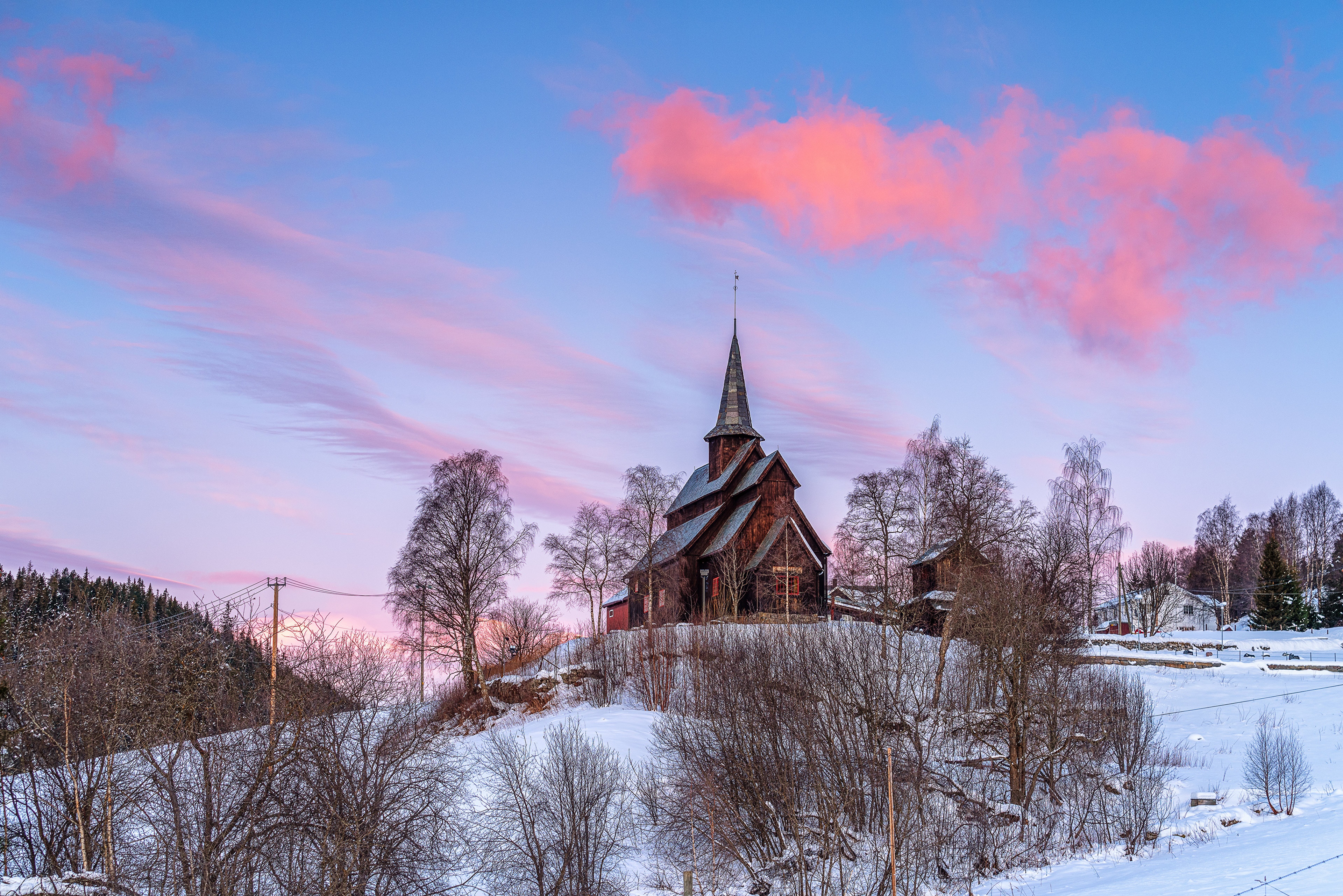 Wooden church in snow at sunset, Valdres, Norway HD Wallpaper