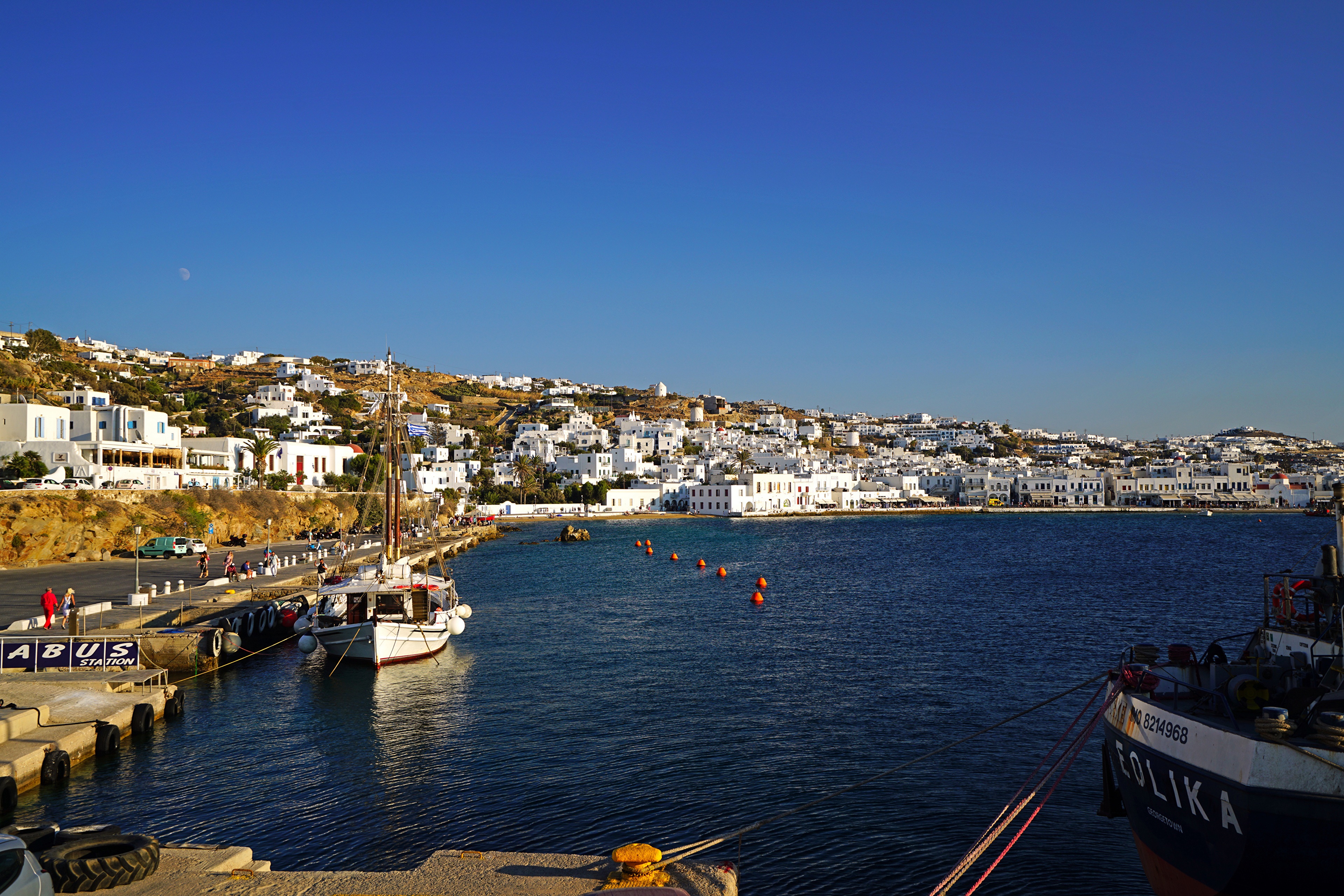 Mykonos, Greece Harbor with White Buildings and Boats HD Wallpaper