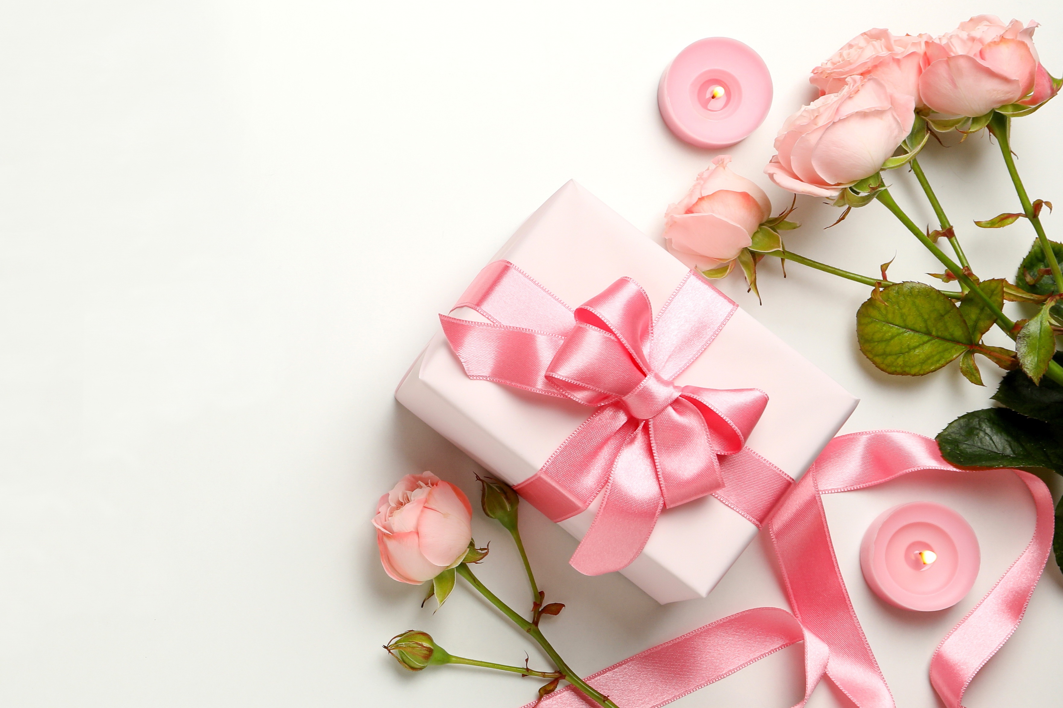 Pink Roses, Gift Box, Candles, and Ribbon HD Wallpaper