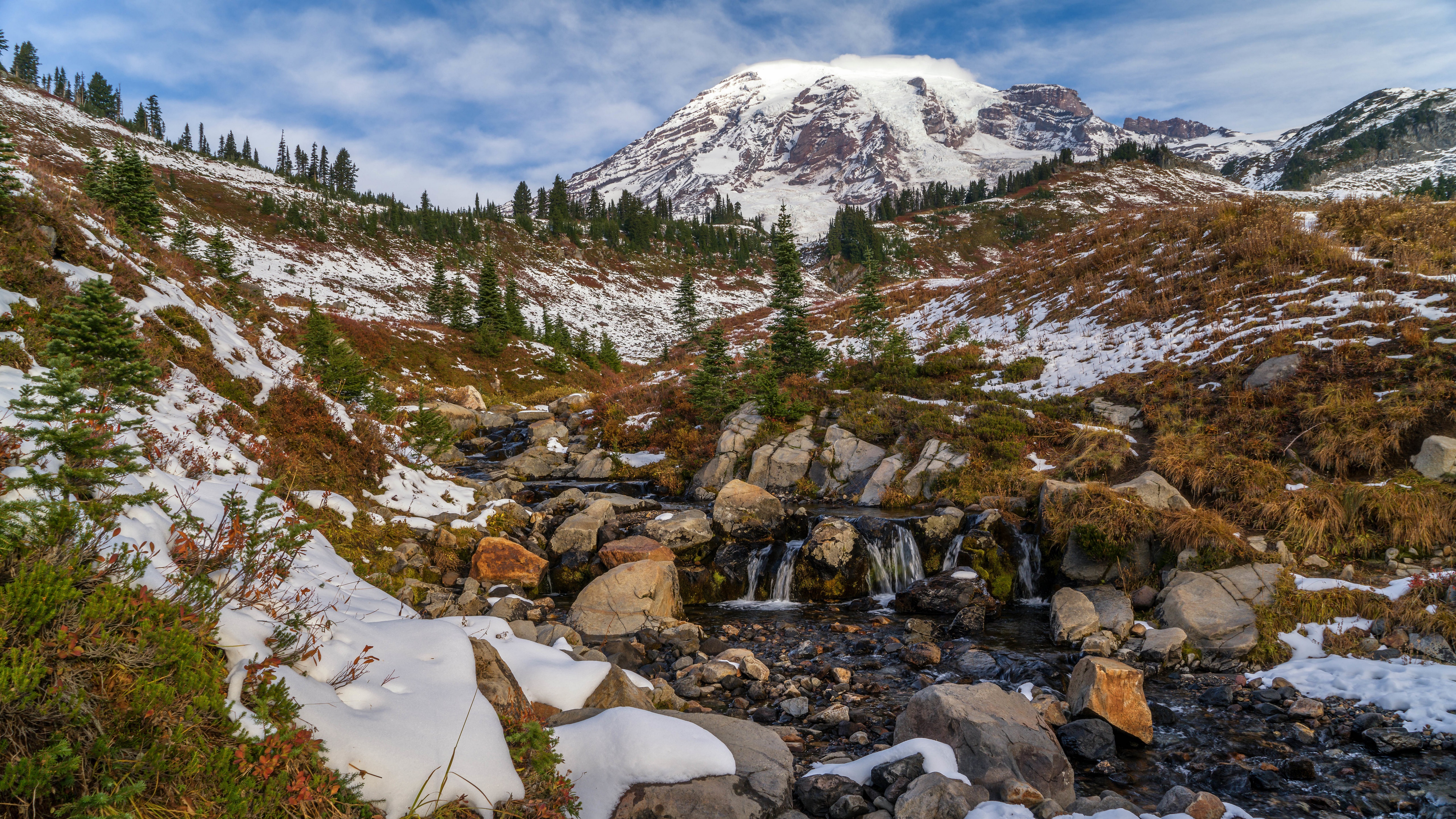 Mount Rainier National Park Stream with Snow HD Wallpaper