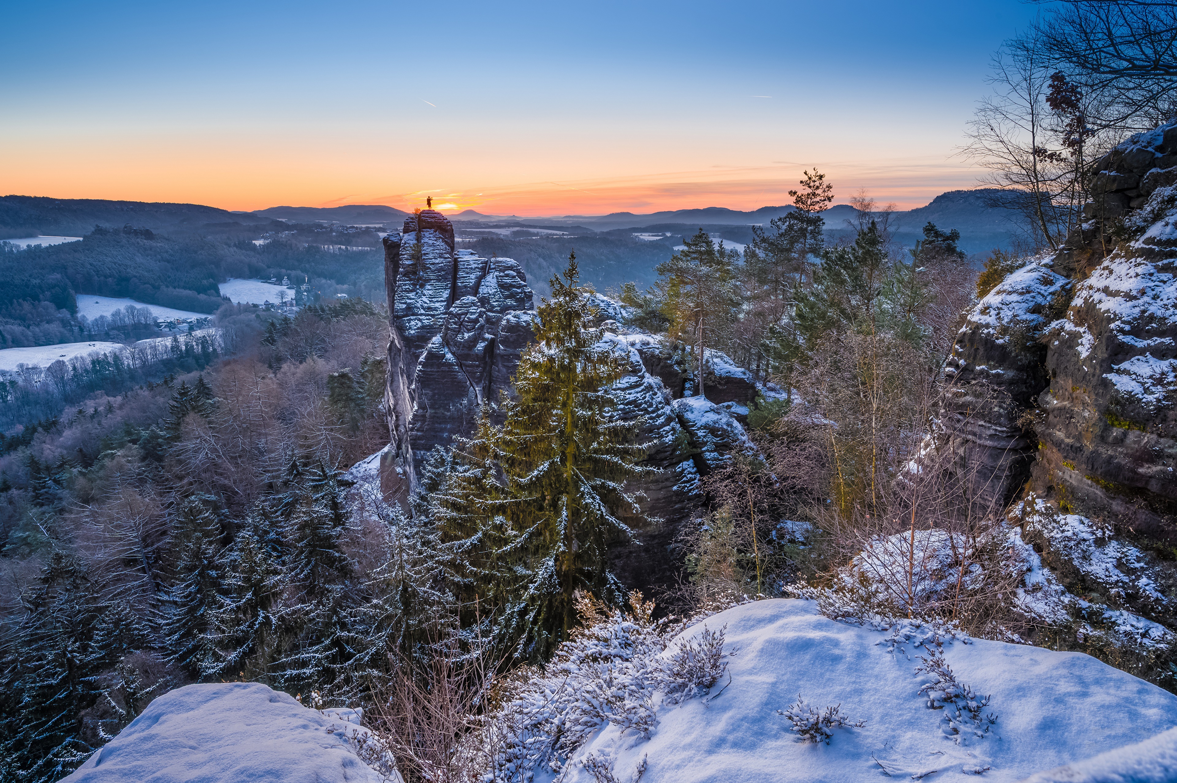 Snowy mountains at sunrise in Saxony, Germany HD Wallpaper
