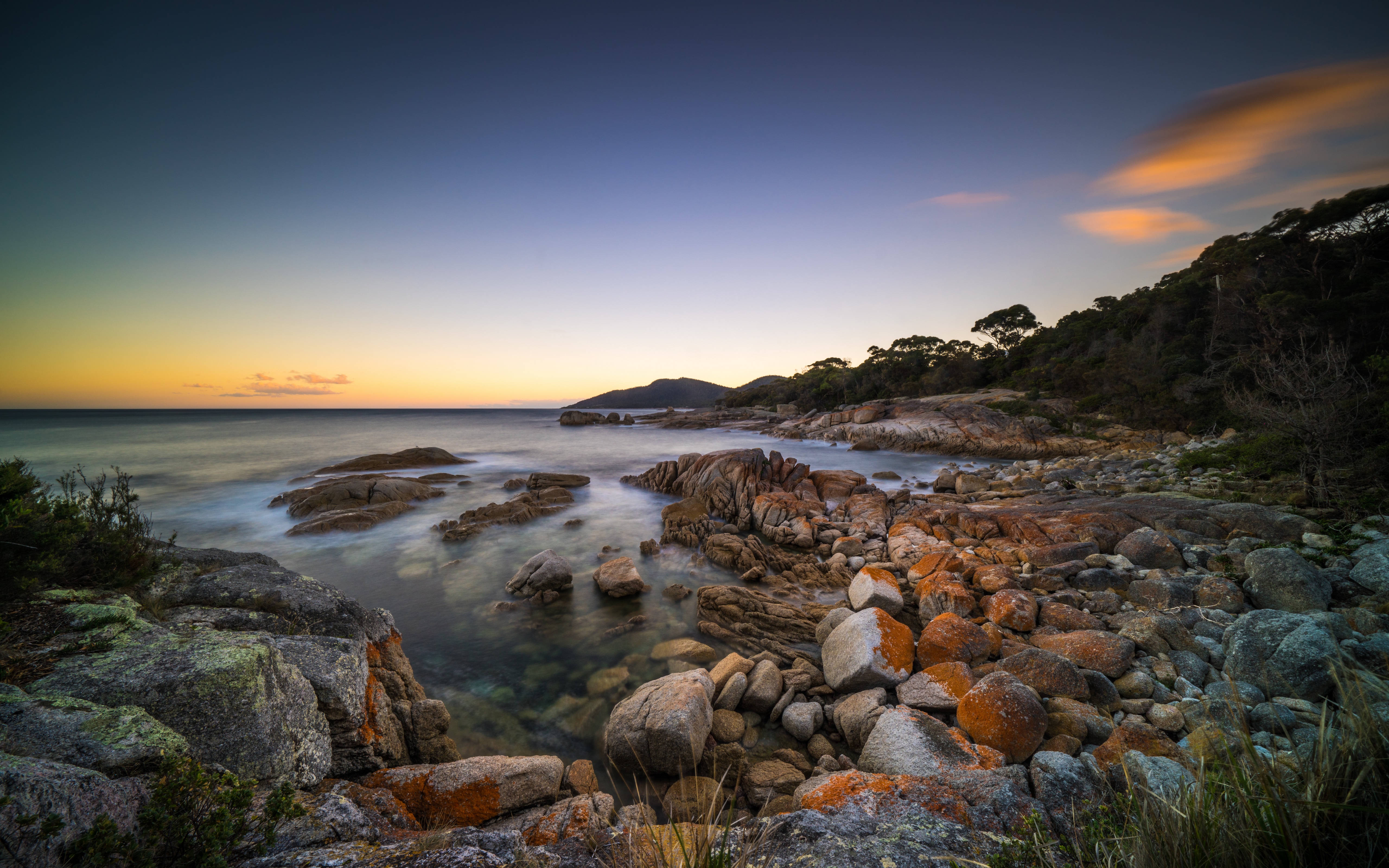 Rocky Coastline at Sunset in Bicheno, Australia HD Wallpaper