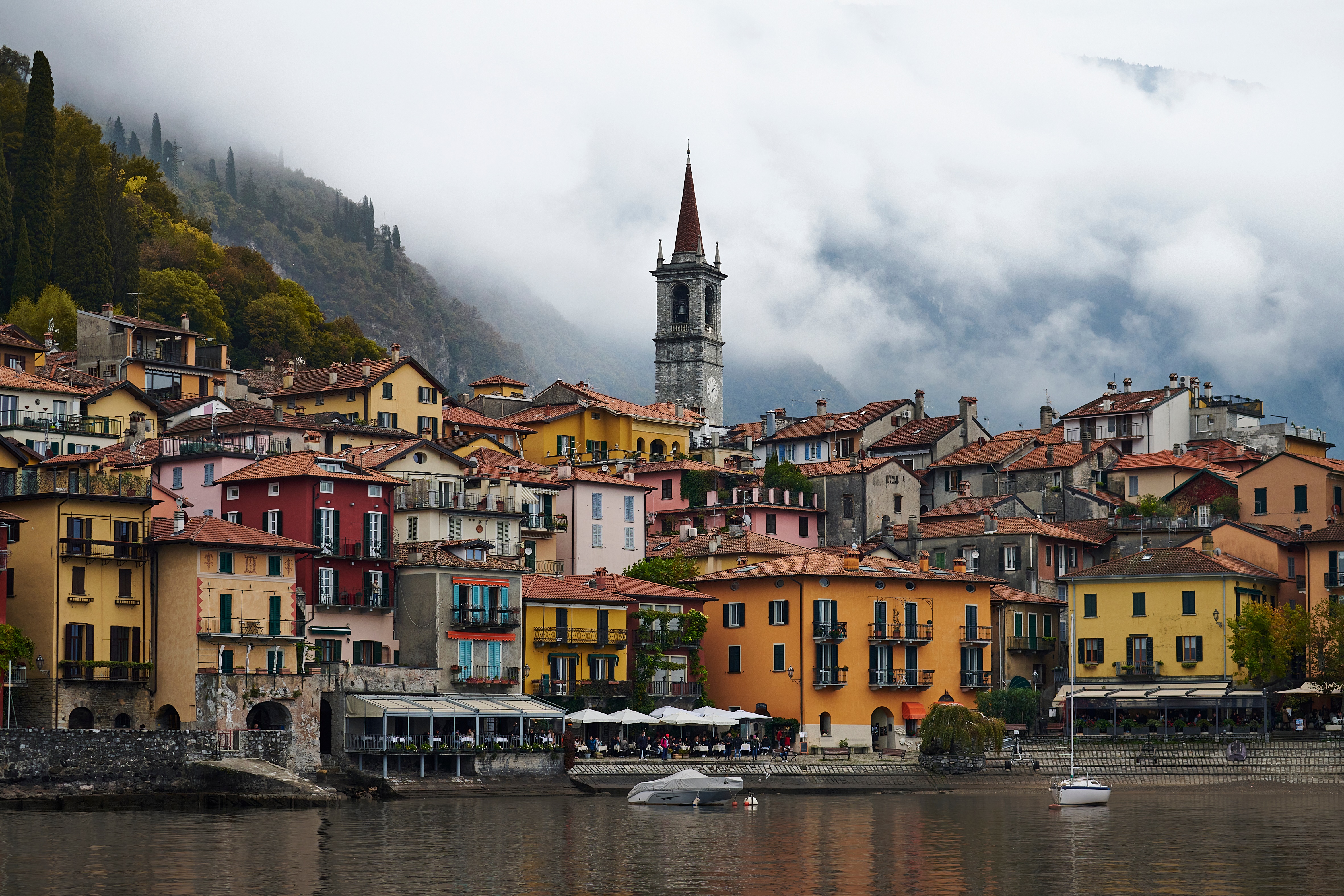 Varenna, Lake Como, Italy with Church Tower HD Wallpaper