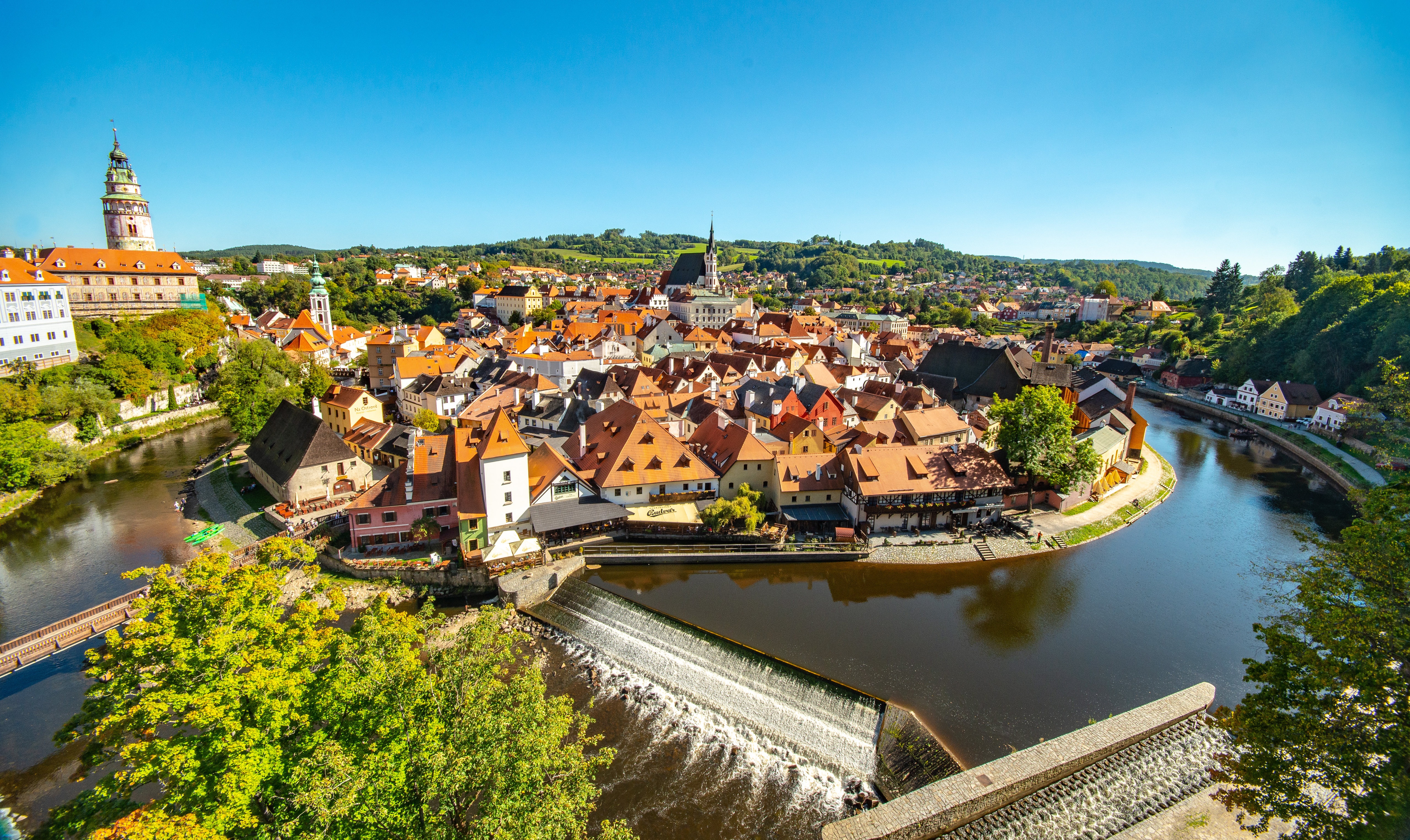 Cesky Krumlov, Czech Republic, River and Houses from Above HD Wallpaper
