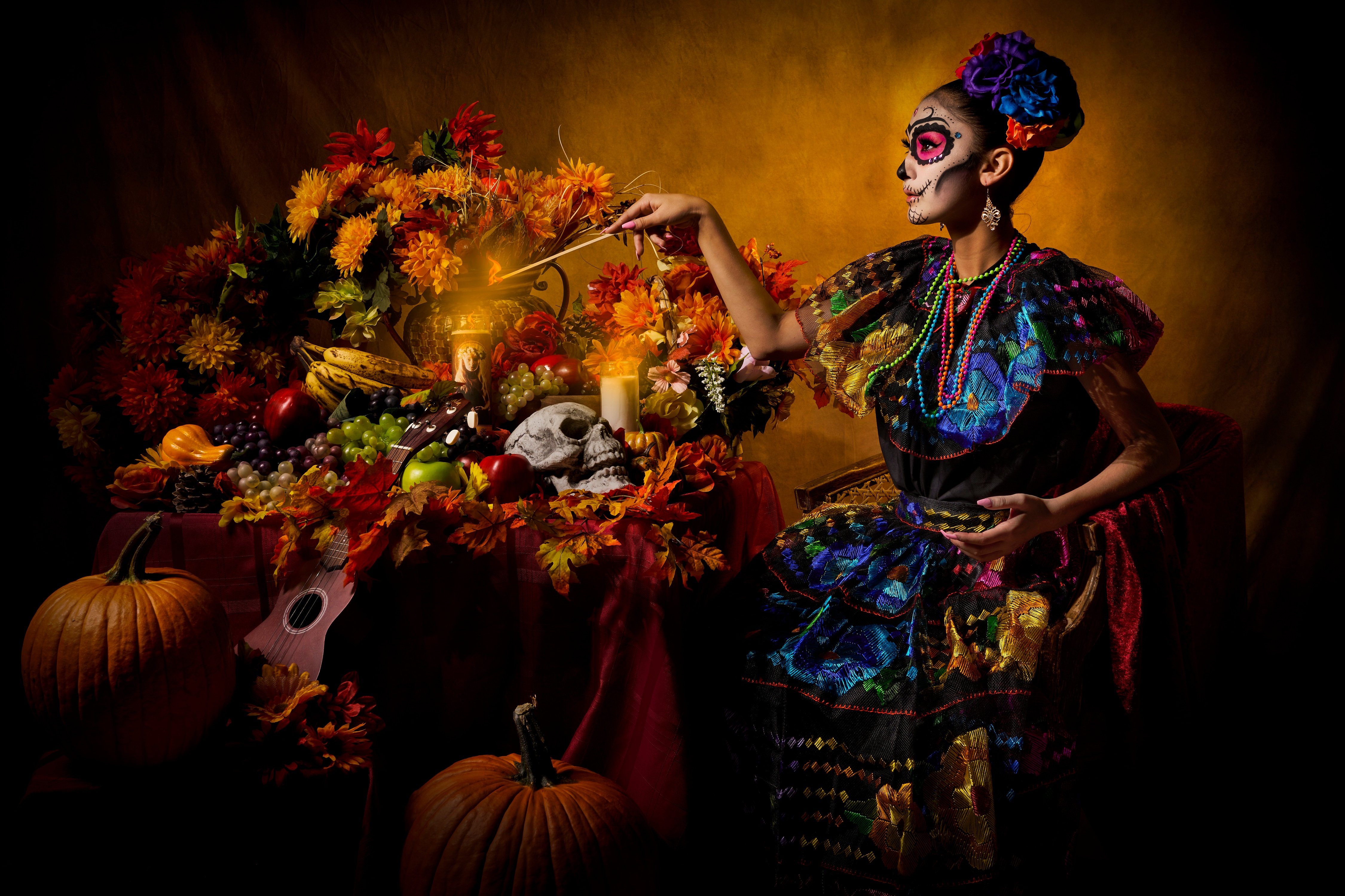 Day of the Dead altar with woman in costume HD Wallpaper