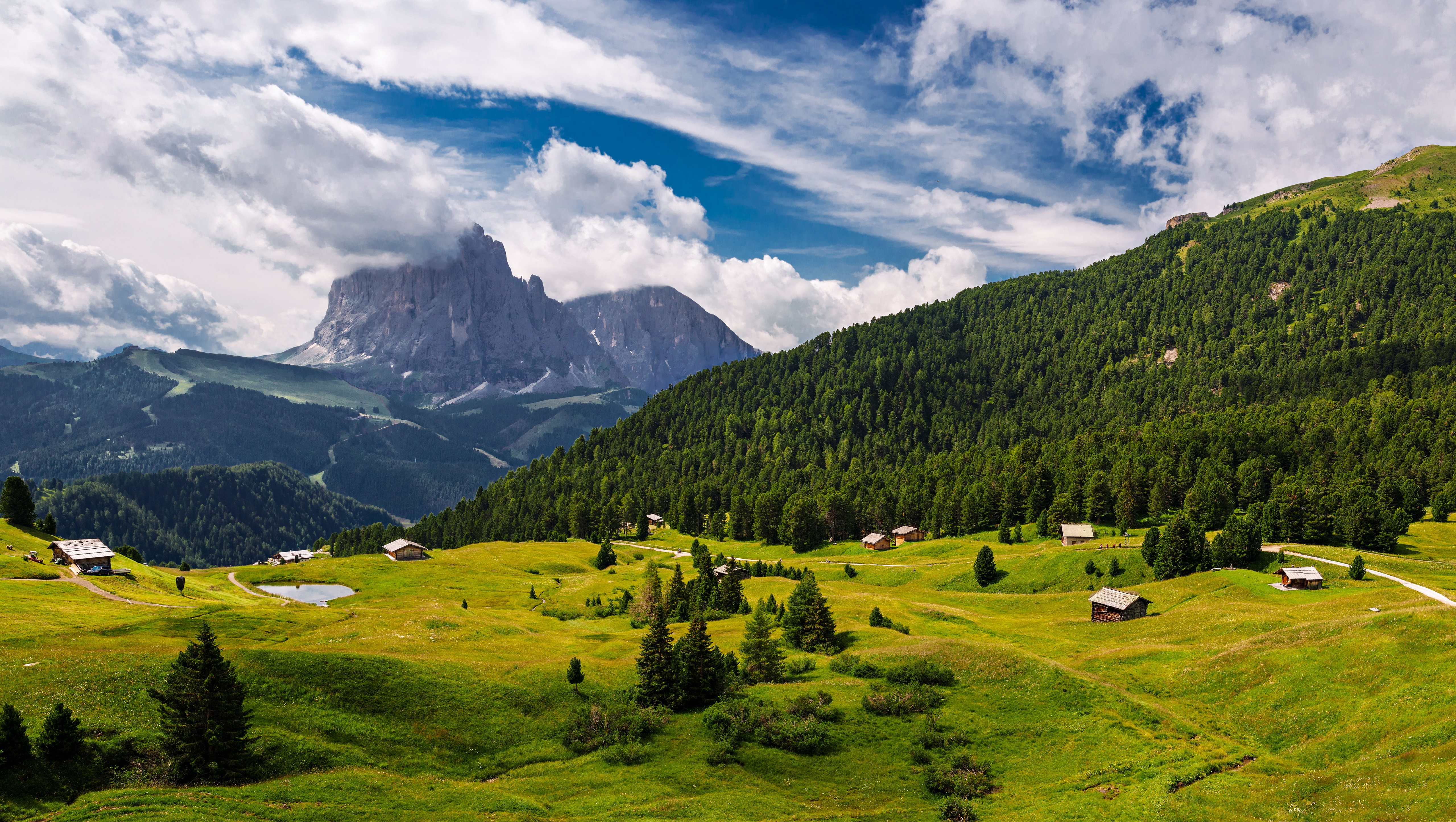Mountain Landscape with Chalets in the Alps, Italy HD Wallpaper