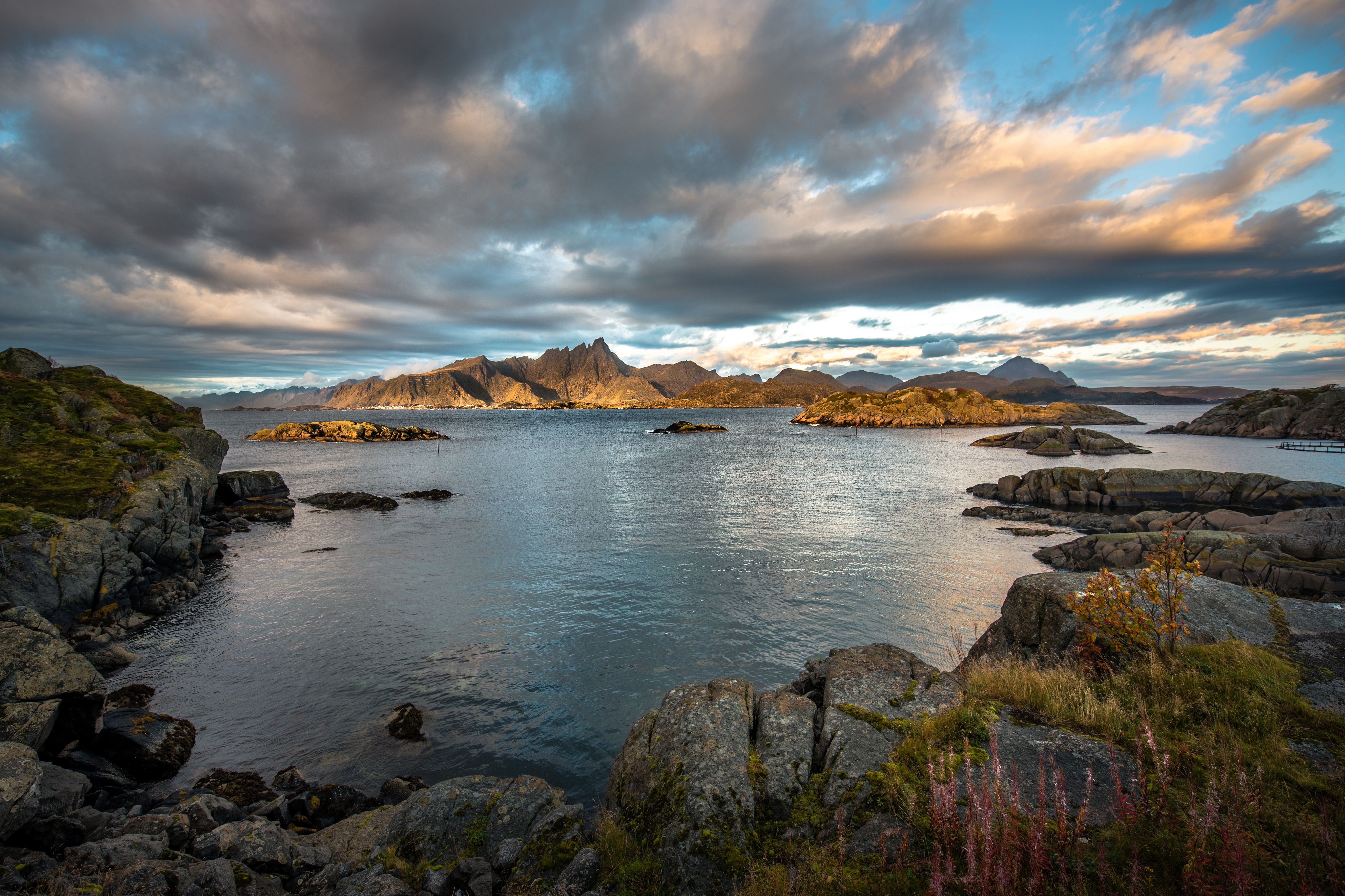 Lofoten Mountains and Sea under Dramatic Clouds, Norway HD Wallpaper