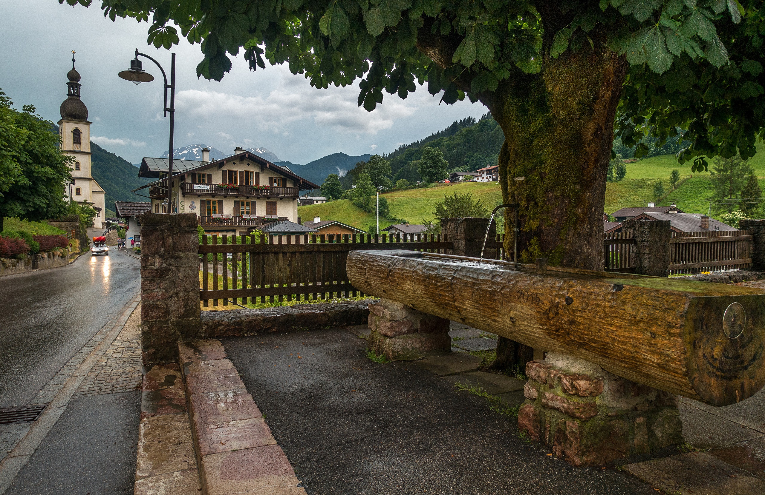 Church and fountain in Ramsau, Germany HD Wallpaper