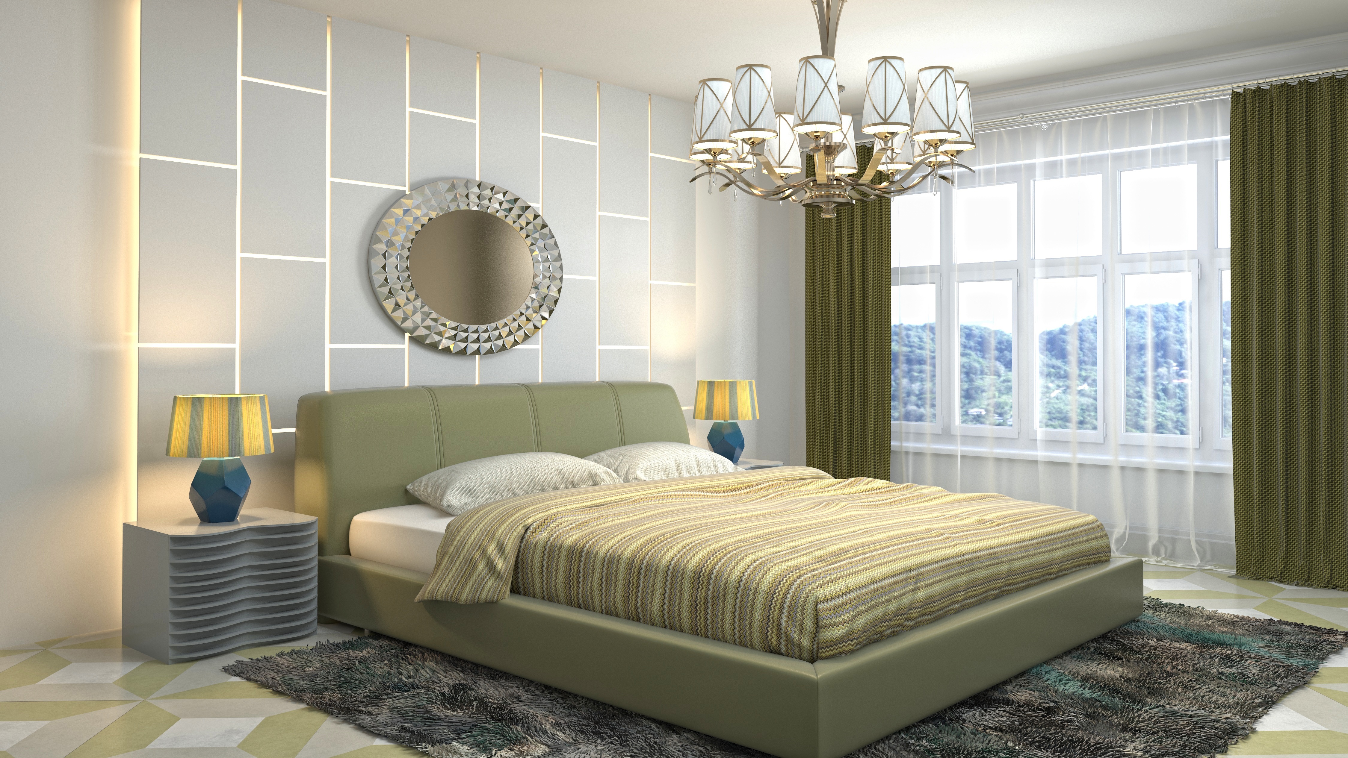 Bedroom with Chandelier, Bed, Lamp, Mirror HD Wallpaper