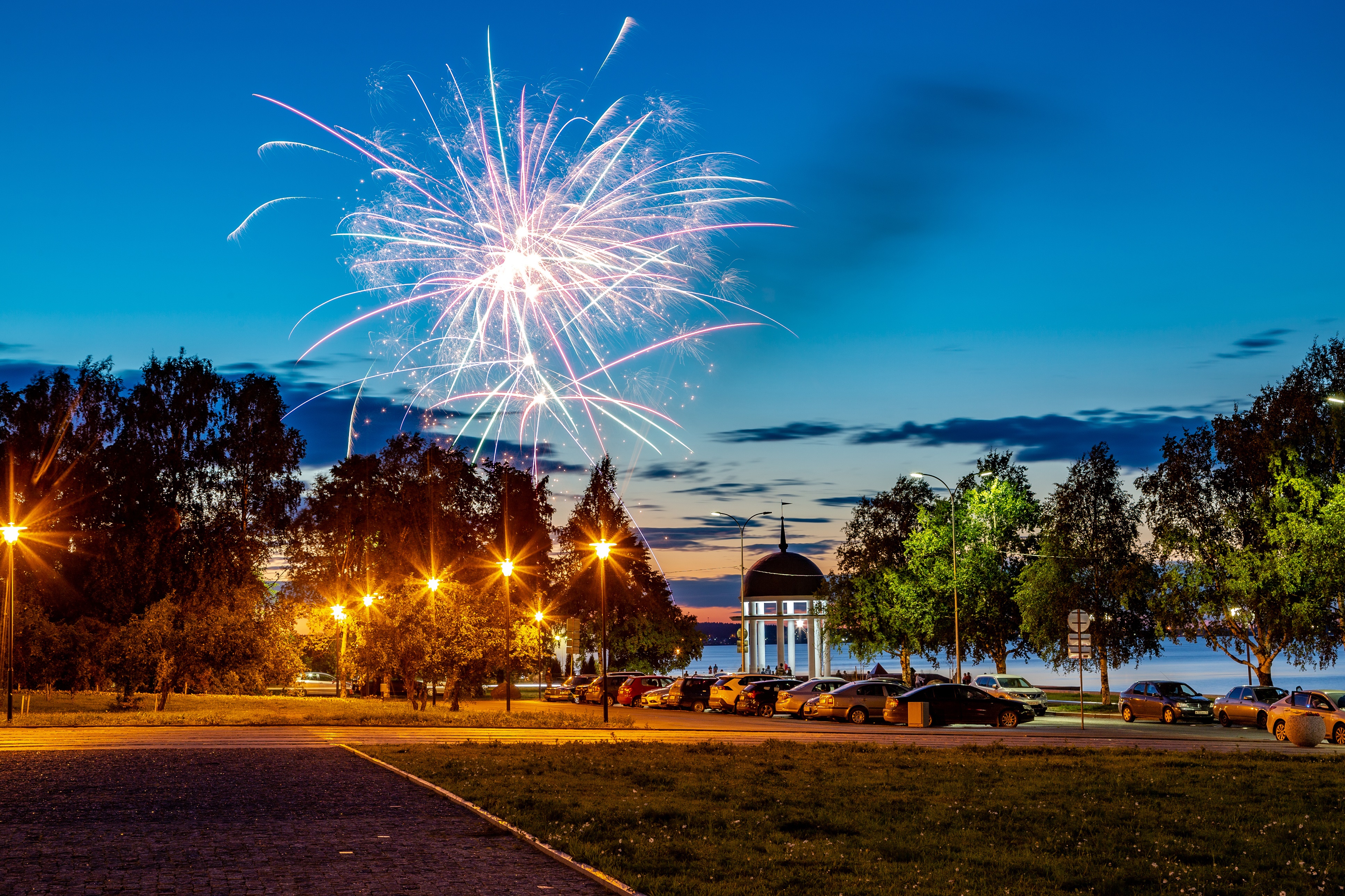 Fireworks over Petrozavodsk Park at Evening HD Wallpaper