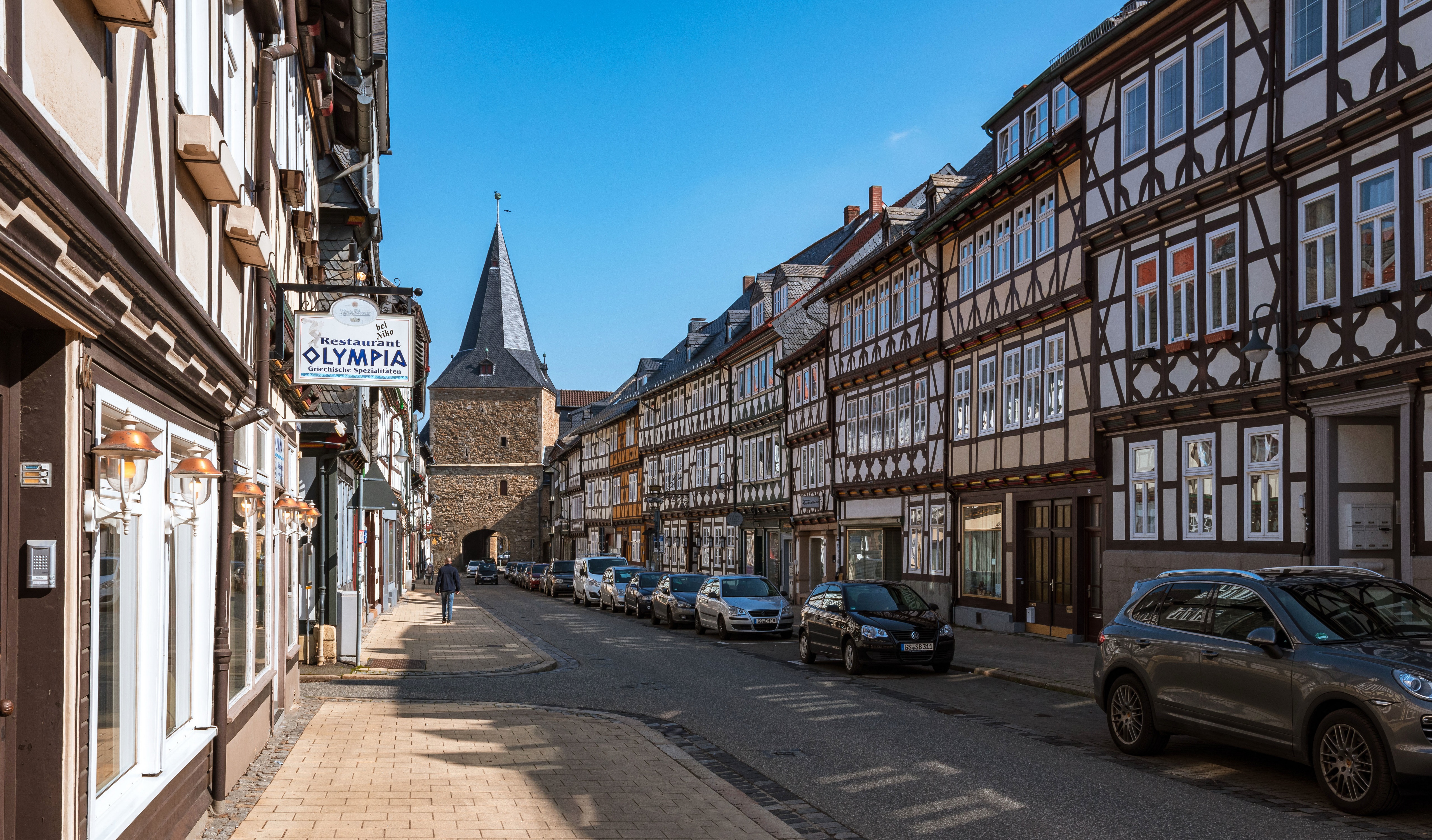 Goslar Germany Street with Half-Timbered Houses and Tower HD Wallpaper