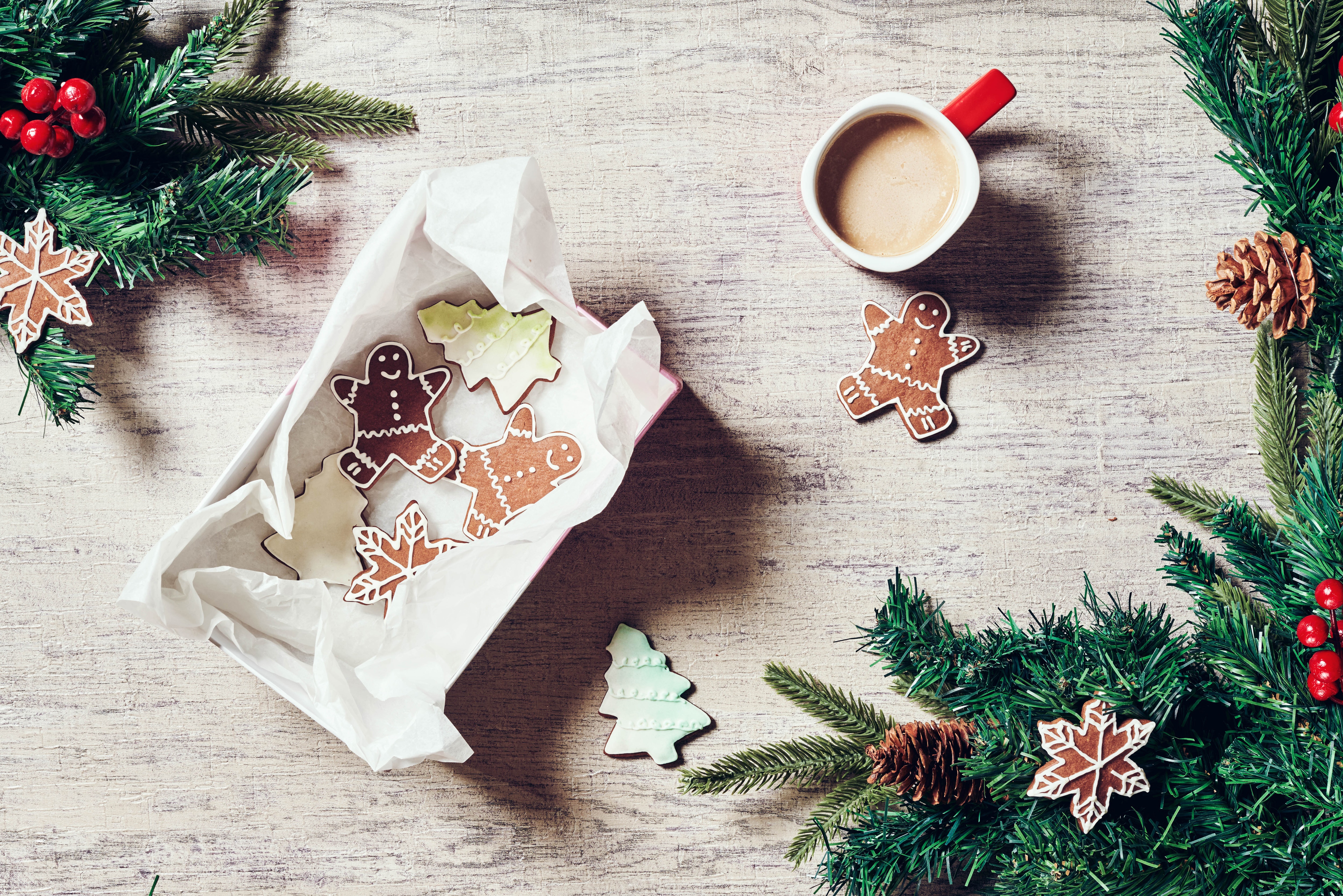 Christmas cookies and coffee with pine branches HD Wallpaper