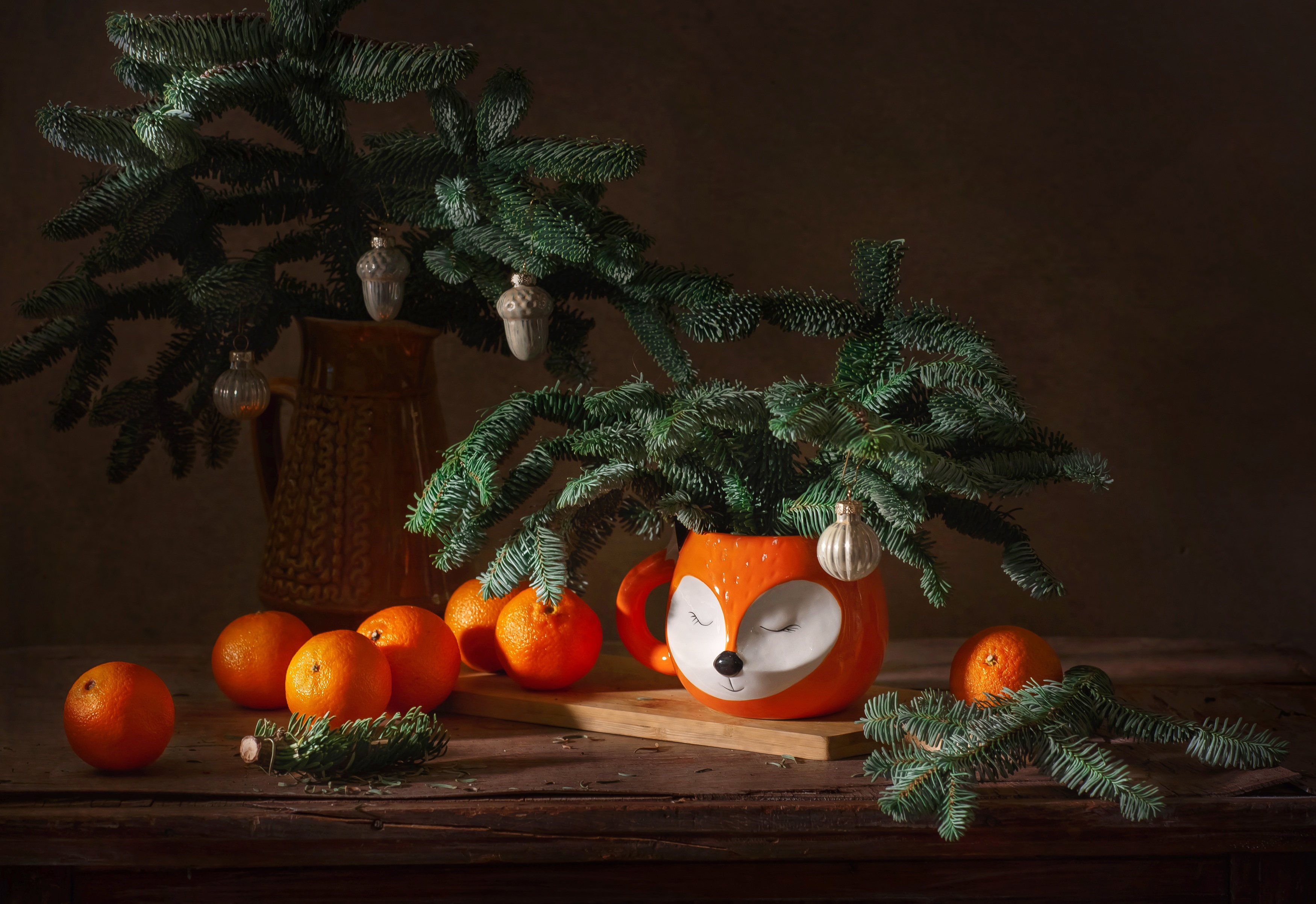 Christmas still-life with tangerines and fir branches HD Wallpaper